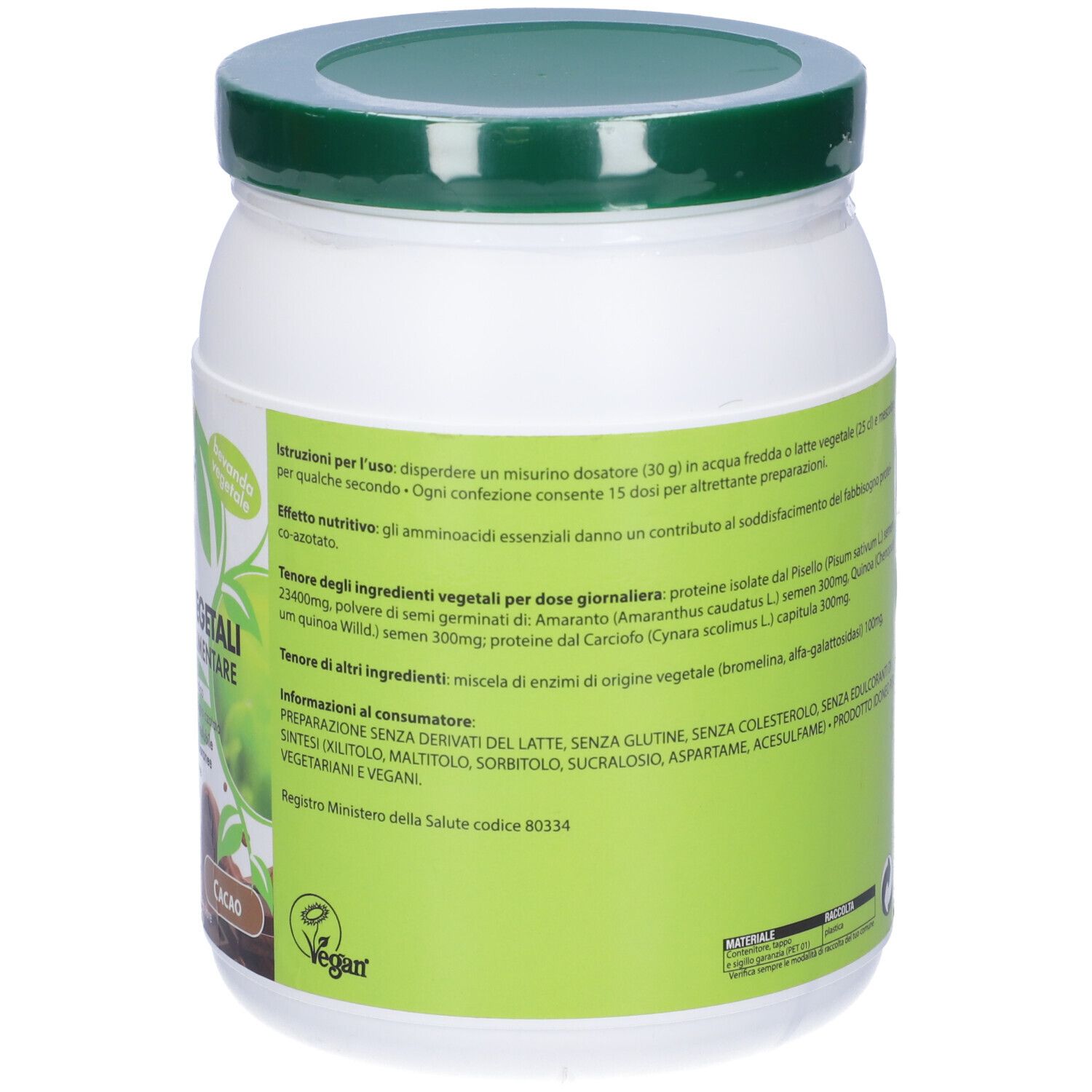 Retro del barattolo bianco con coperchio verde. Testo con ingredienti e istruzioni per l'uso. Logo vegano.