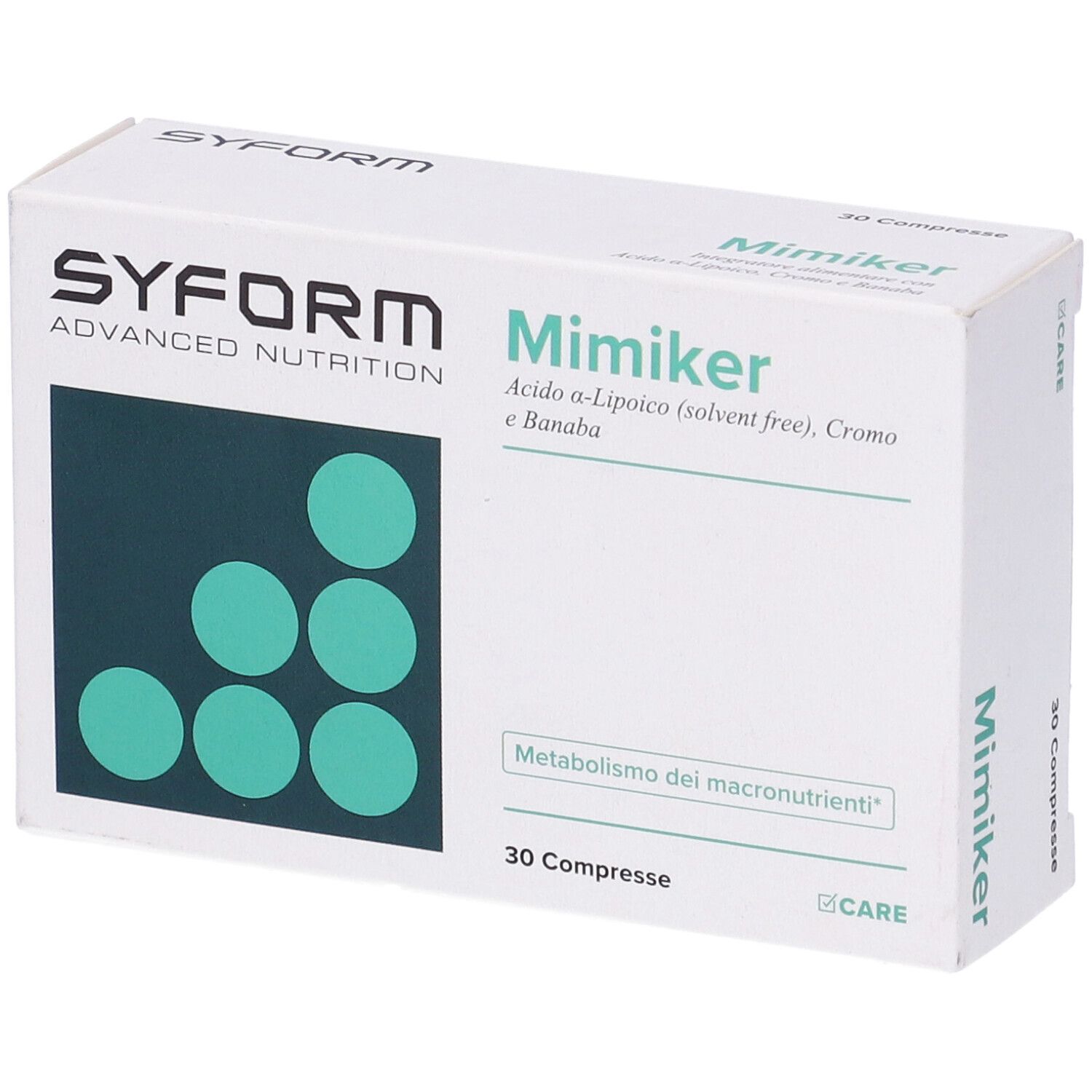 Scatola bianca con cerchi verdi. Scritto: Mimiker, 30 compresse. Marchio: Syform. Contiene ingredienti come Banaba e cromo.