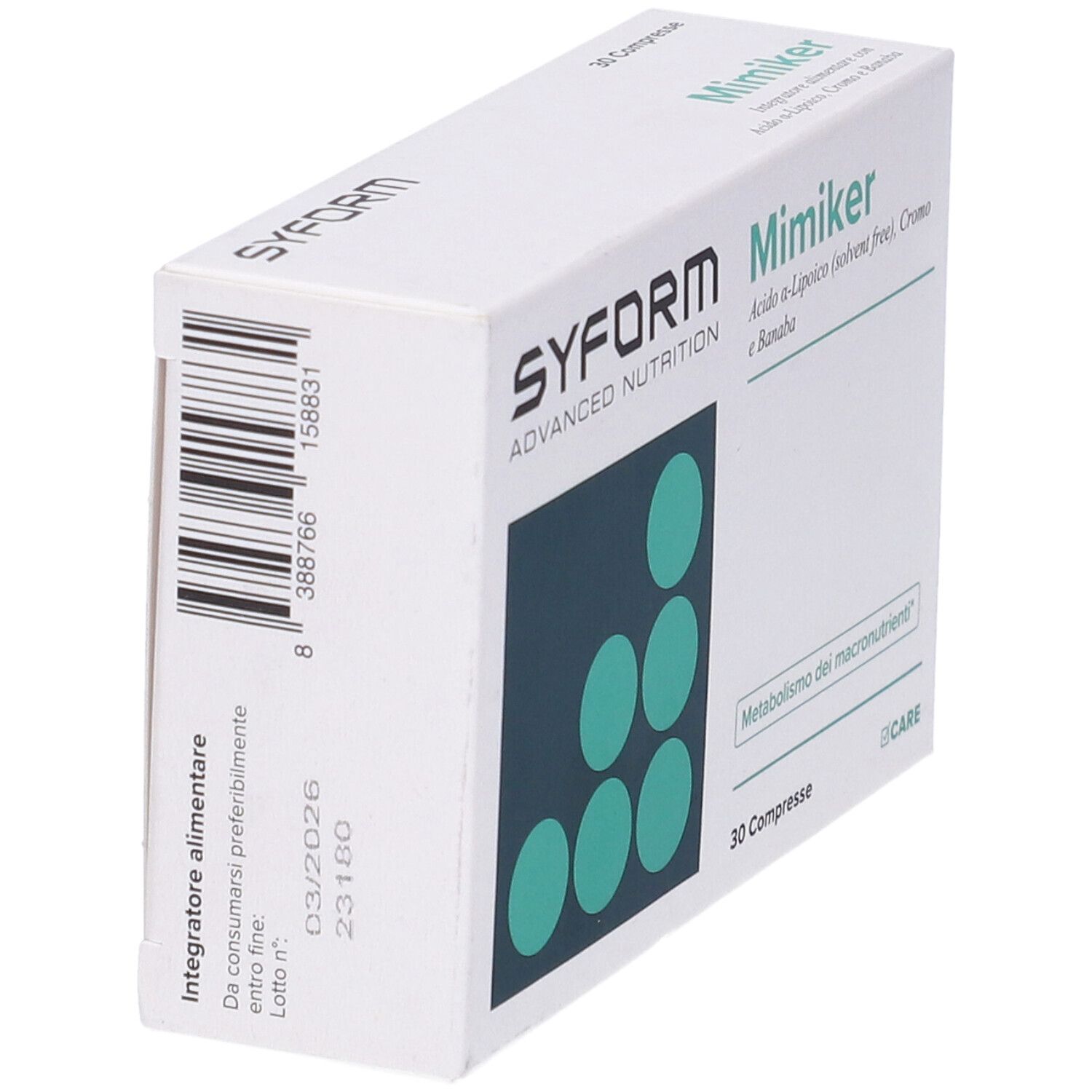 Scatola bianca con cerchi verdi. Scritto: Mimiker, 30 compresse. Marchio: Syform. Contiene ingredienti come Banaba e cromo.