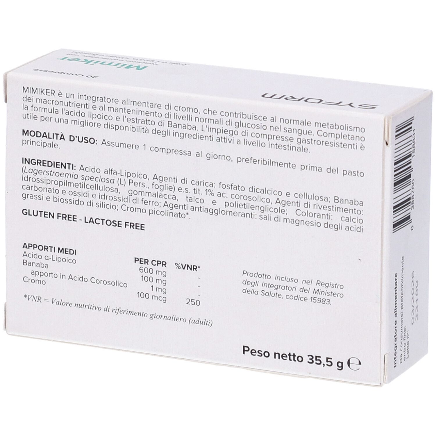 Scatola bianca, retro. Testo: Mimiker, ingredienti, informazioni nutrizionali, senza glutine, senza lattosio. Marchio: Syform.