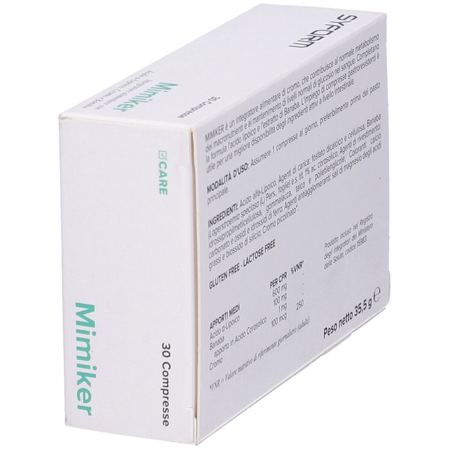 Scatola bianca, retro. Testo: Mimiker, ingredienti, informazioni nutrizionali, senza glutine, senza lattosio. Marchio: Syform.