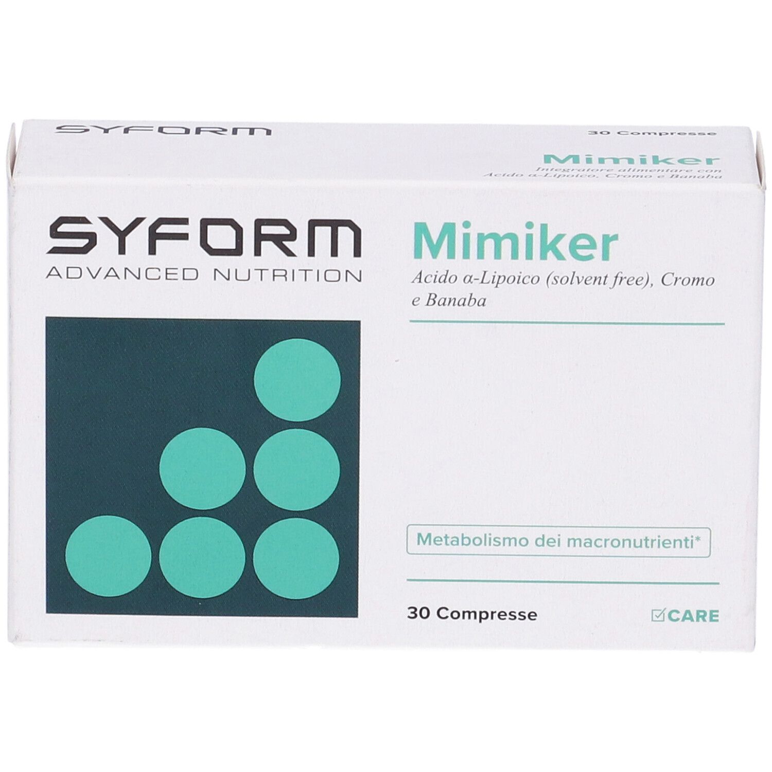 Scatola bianca con cerchi verdi. Scritto: Mimiker, 30 compresse. Marchio: Syform. Contiene ingredienti come Banaba e cromo.