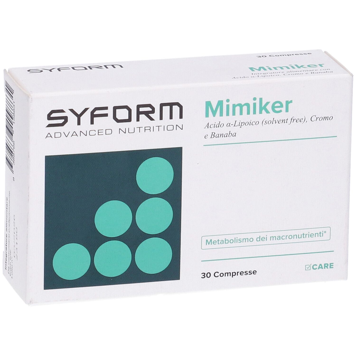 Scatola bianca con cerchi verdi. Scritto: Mimiker, 30 compresse. Marchio: Syform. Contiene ingredienti come Banaba e cromo.