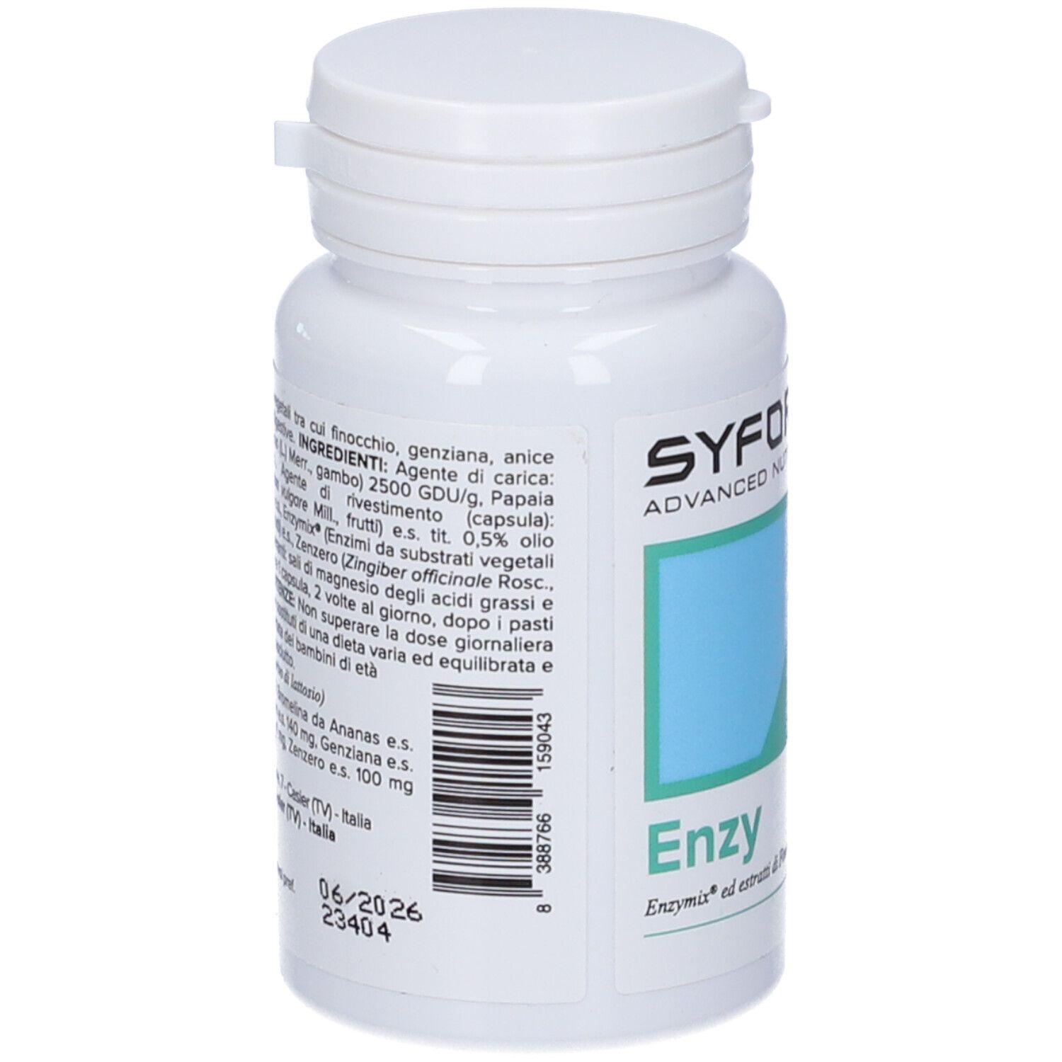 Flacone bianco, retro. Testo con ingredienti e uso. Codice a barre. Scadenza: 06/2026.