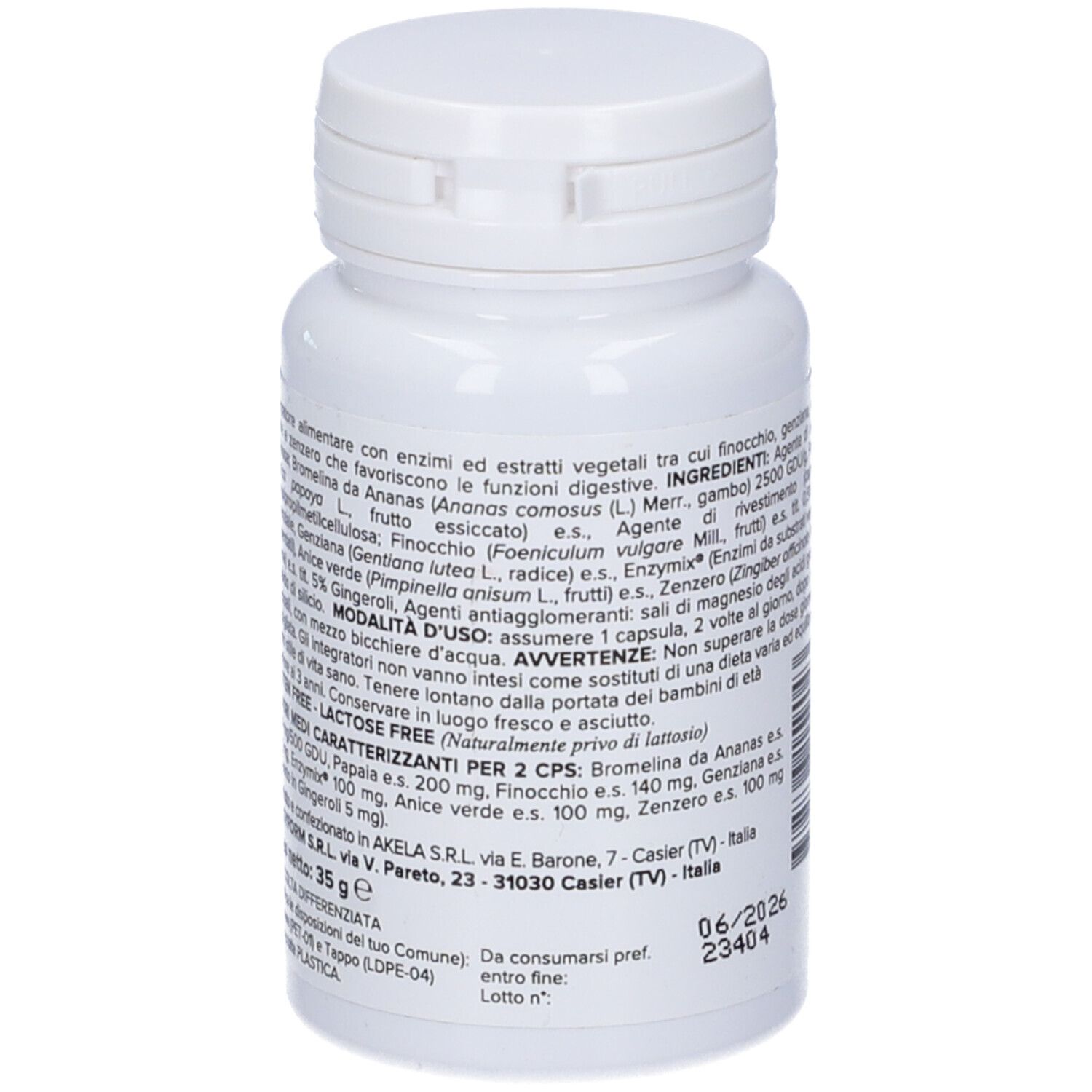 Flacone bianco, retro. Testo con ingredienti, uso e avvertenze. Senza glutine, senza lattosio. Scadenza: 06/2026.