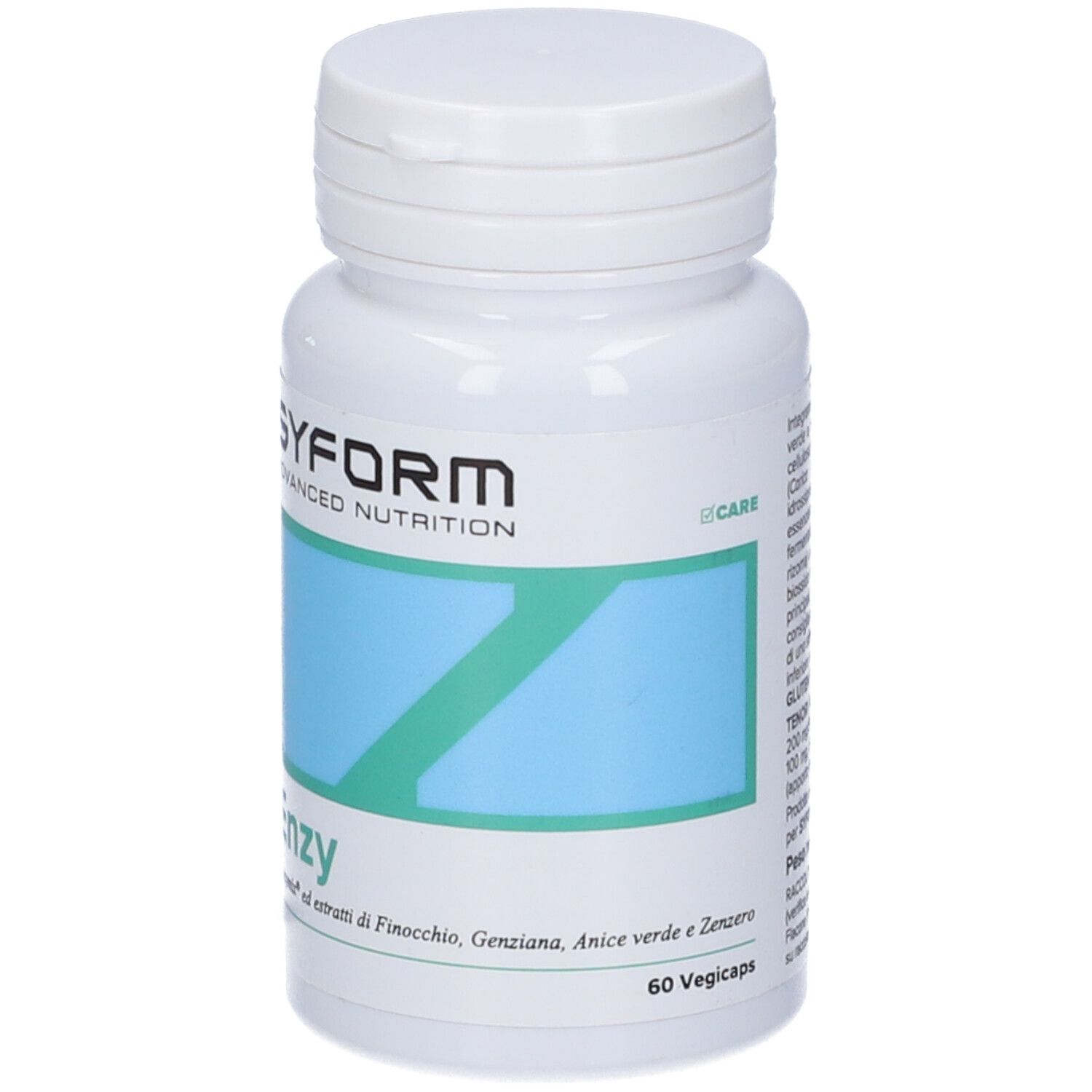 Flacone bianco con capsule. Scritta: SYFORM, Enzy. Grafica verde-azzurra. 60 Vegicaps. Tappo con chiusura a scatto.