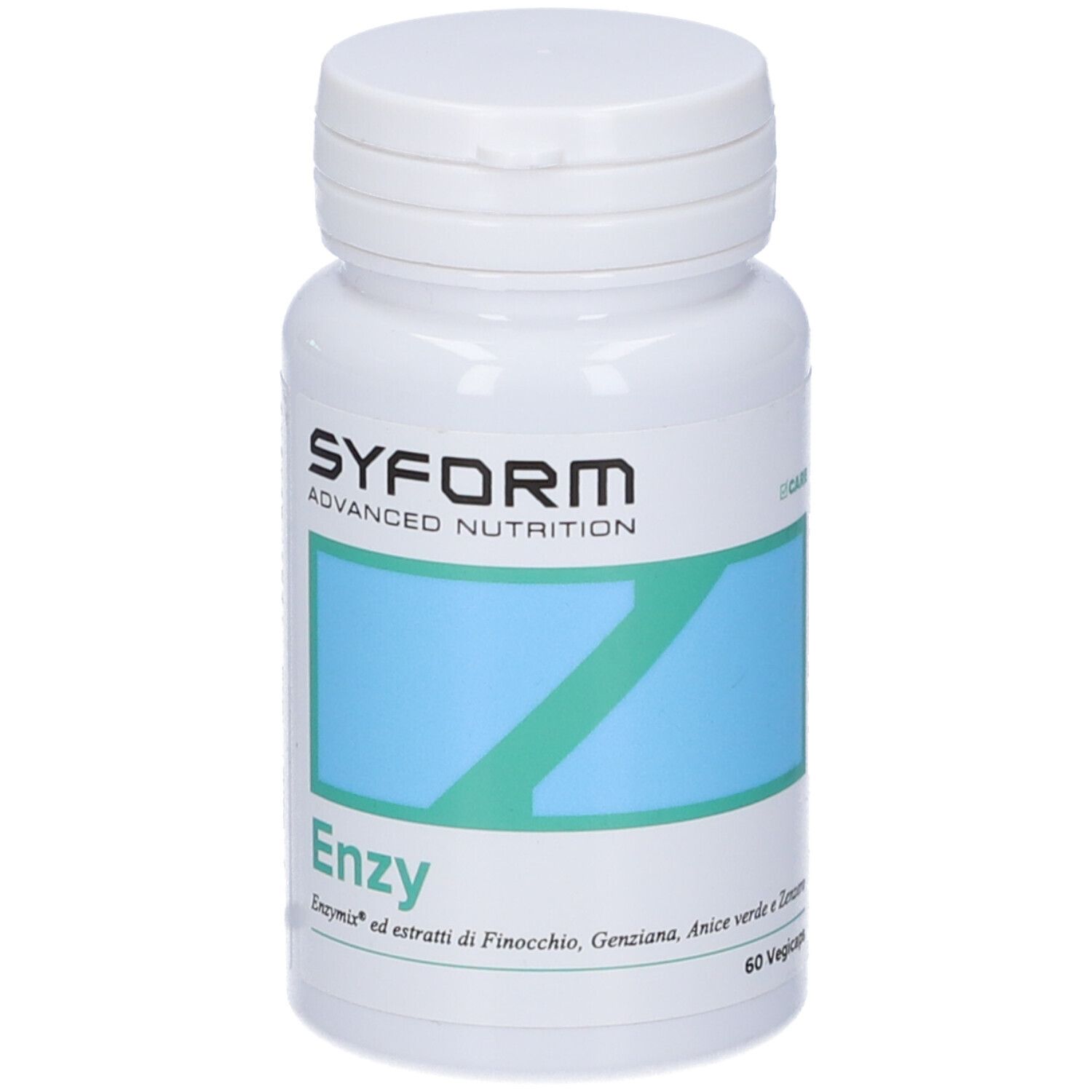 Flacone bianco, retro. Testo con ingredienti, uso e avvertenze. Senza glutine, senza lattosio. 60 Vegicaps.