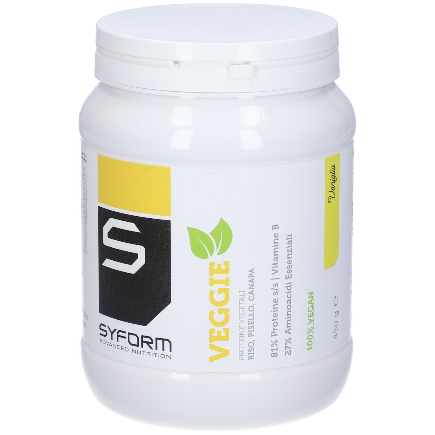 Contenitore bianco con dettagli gialli. Scritta 'Veggie' e 'SYFORM'. 450 g, 100% Vegan.