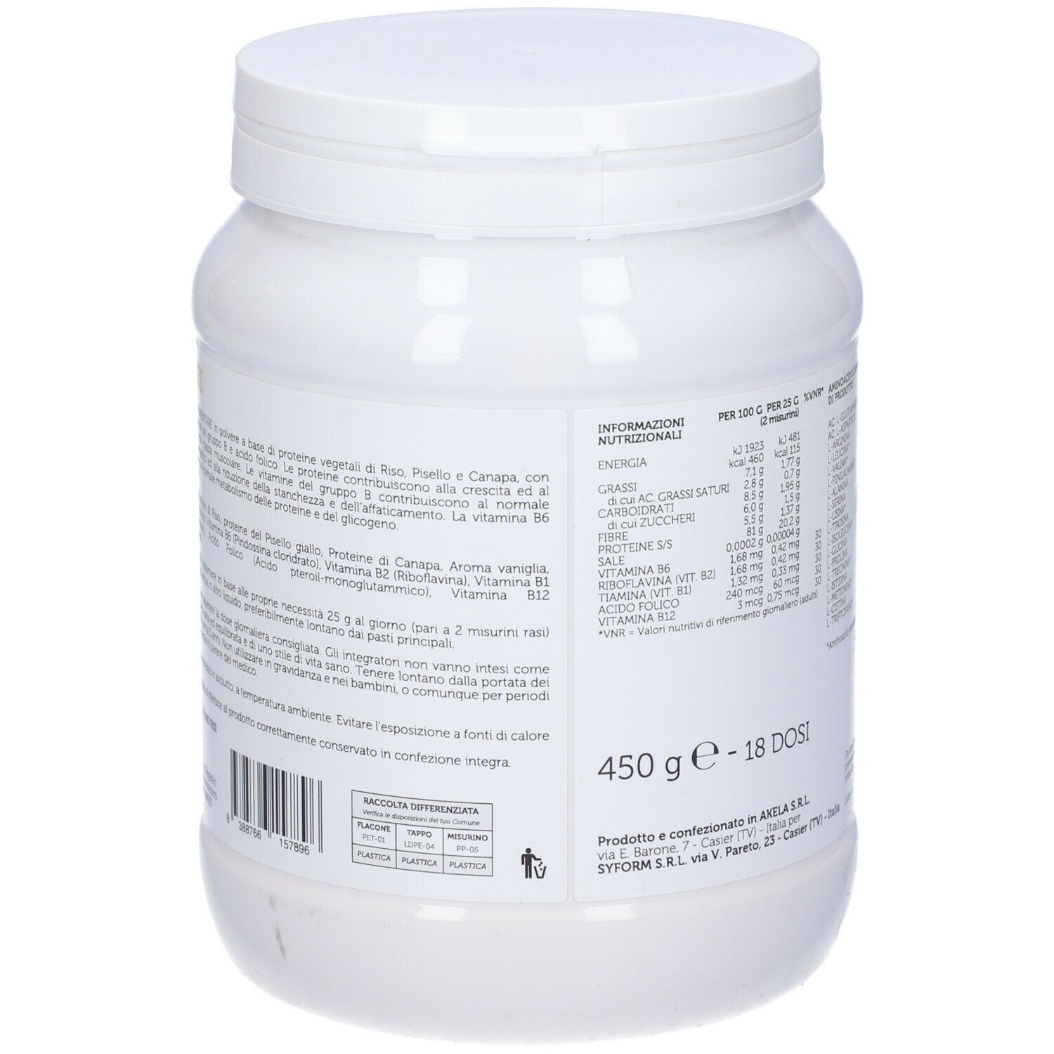 Contenitore bianco con dettagli gialli. Scritta 'SYFORM' e informazioni nutrizionali. 450 g, 18 porzioni.