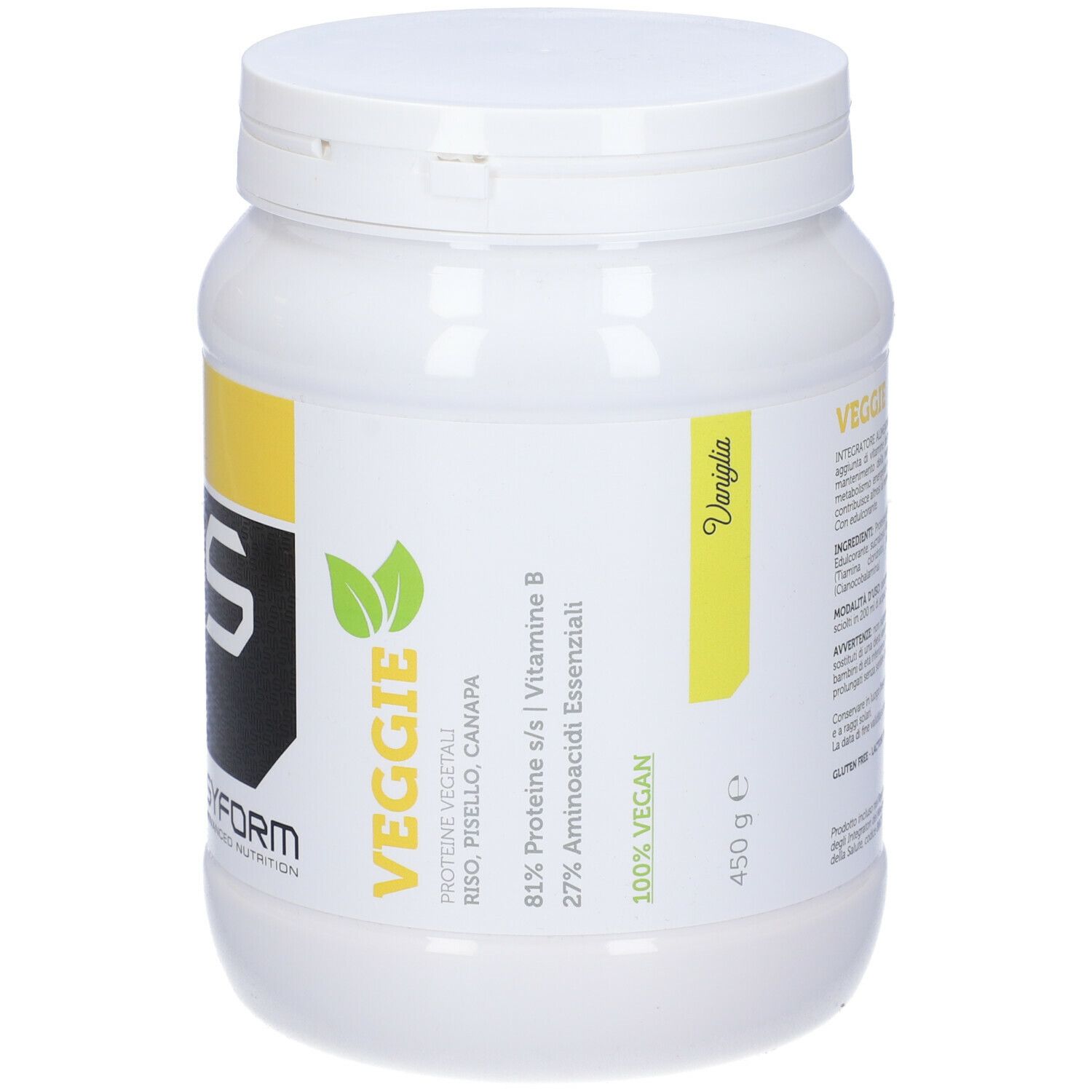 Contenitore bianco con dettagli gialli. Scritta 'Veggie' e 'SYFORM'. 450 g, 100% Vegan.