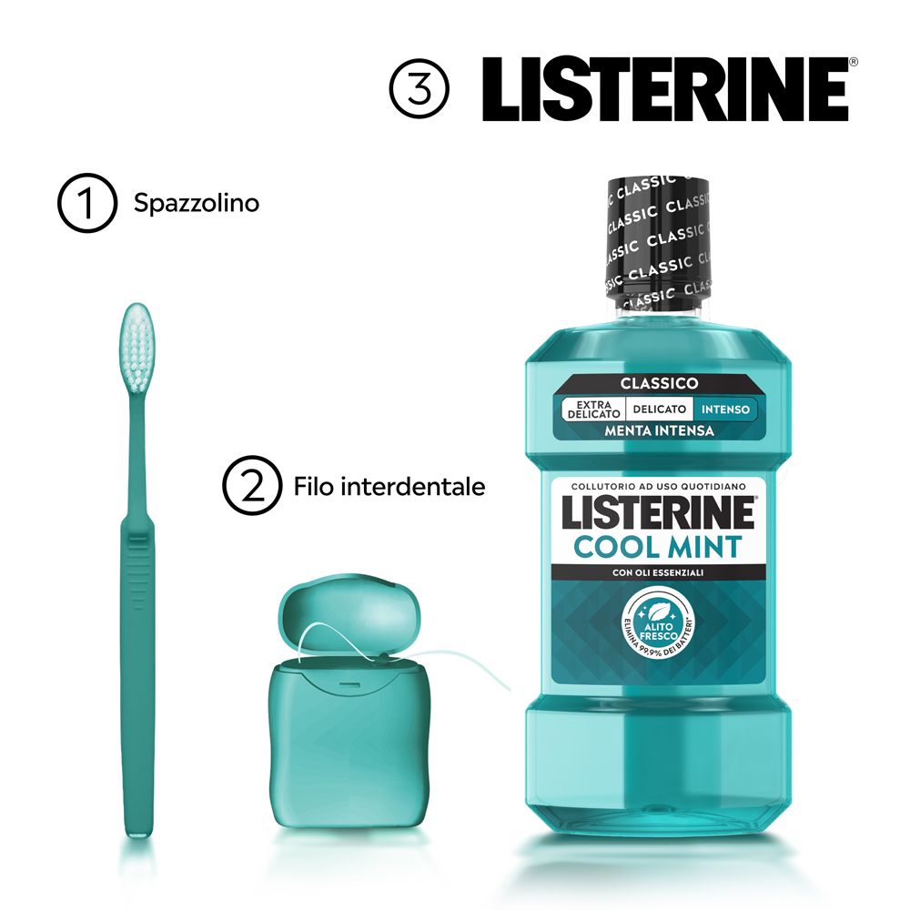 Collutorio Listerine Cool Mint con spazzolino e filo interdentale.