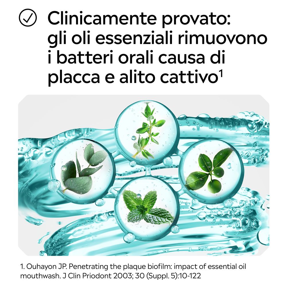 Quattro sfere di vetro con erbe (eucalipto, menta, timo) in liquido frizzante. Testo: "Clinicamente provato".
