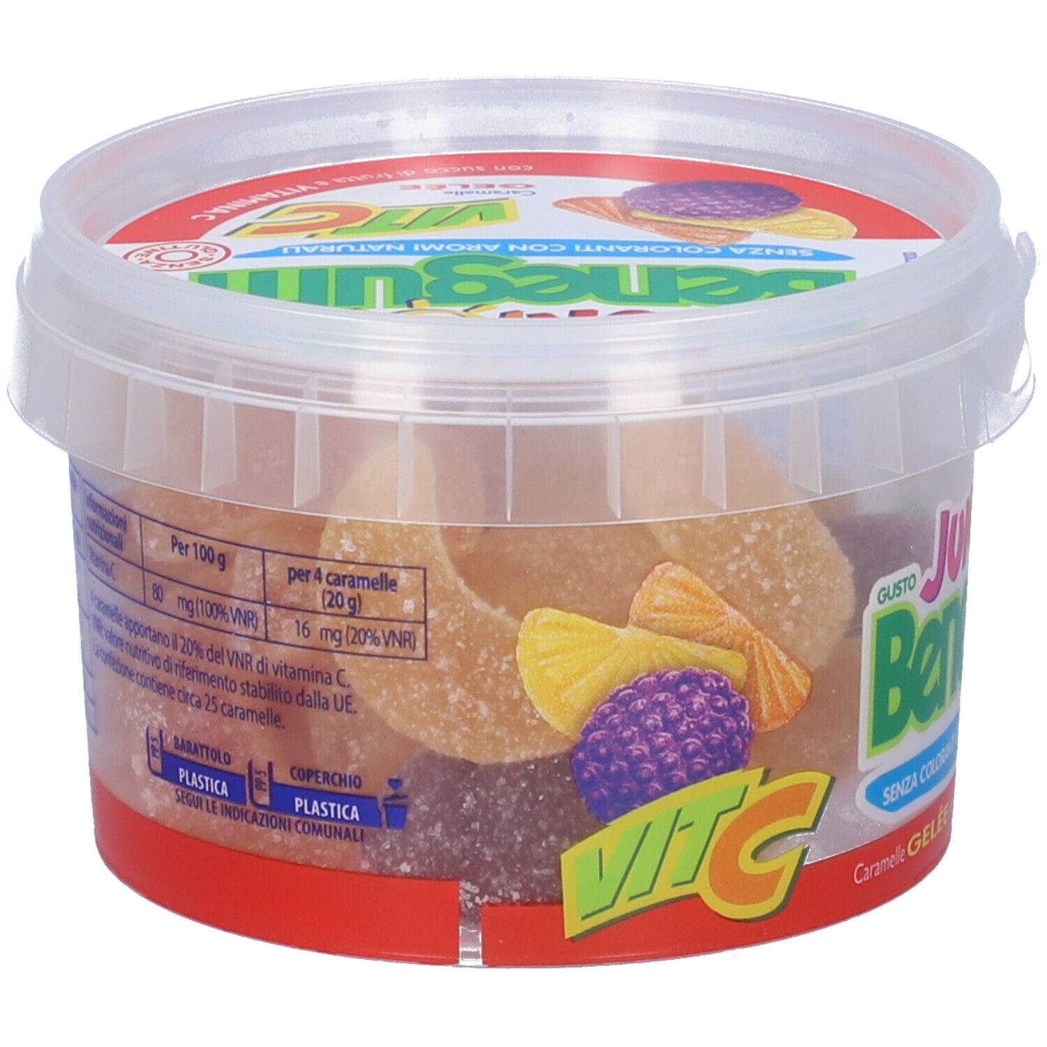 Barattolo trasparente con caramelle gommose. Scritta "Junior Benegum Vit C". Caramelle gommose di varie forme e colori visibili. Informazioni nutrizionali.