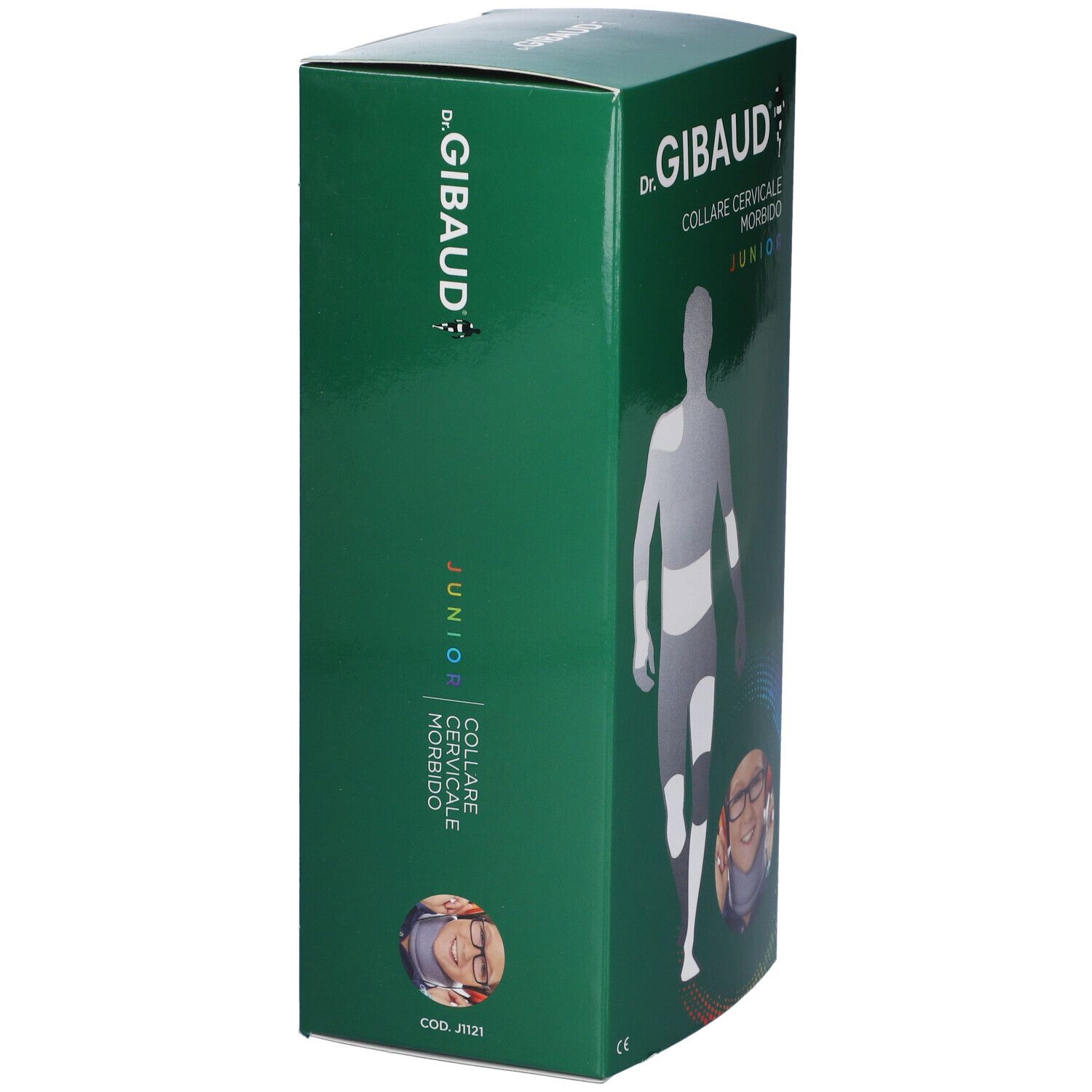Scatola verde. Scritta: Dr. Gibaud, Collare Cervicale Morbido Junior. Codice: 2121. Vista laterale.