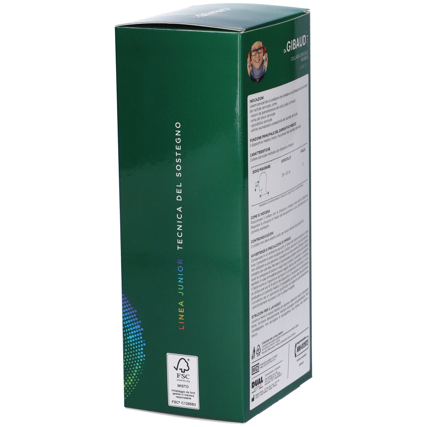 Scatola verde, vista laterale. Testo in italiano. Logo FSC. Linea Junior Tecnica del Sostegno.