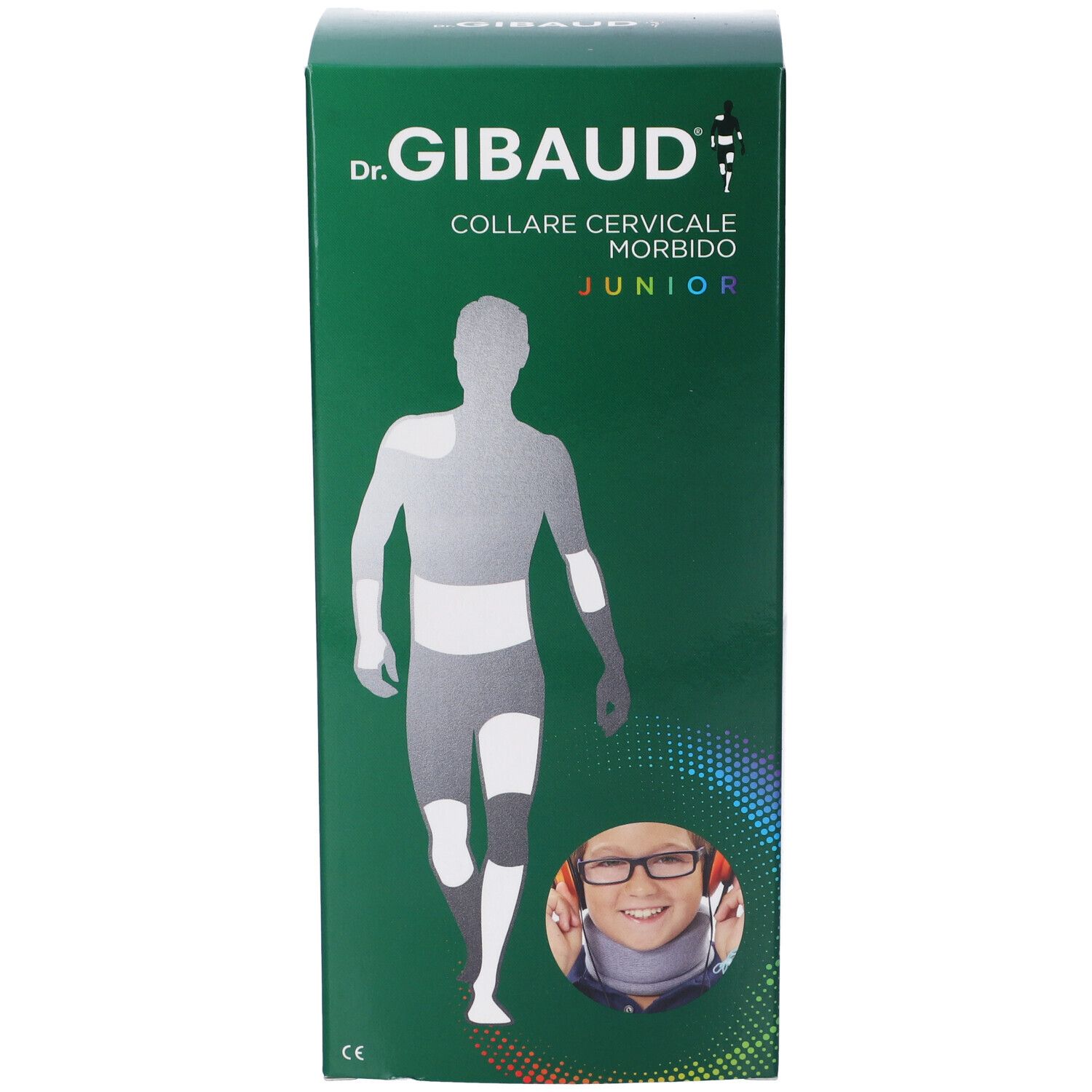 Scatola verde. Scritta: Dr. Gibaud, Collare Cervicale Morbido Junior. Immagine di bambino con collare.
