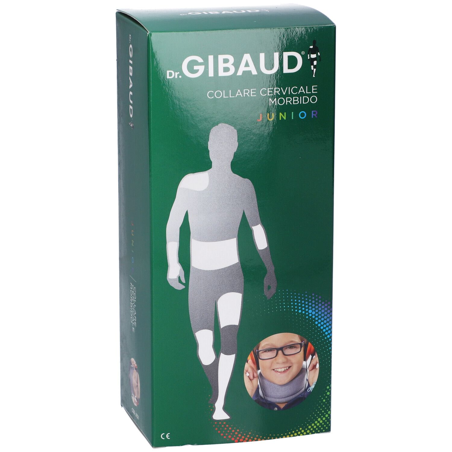 Scatola verde. Scritta: Dr. Gibaud, Collare Cervicale Morbido Junior. Immagine di bambino con collare.