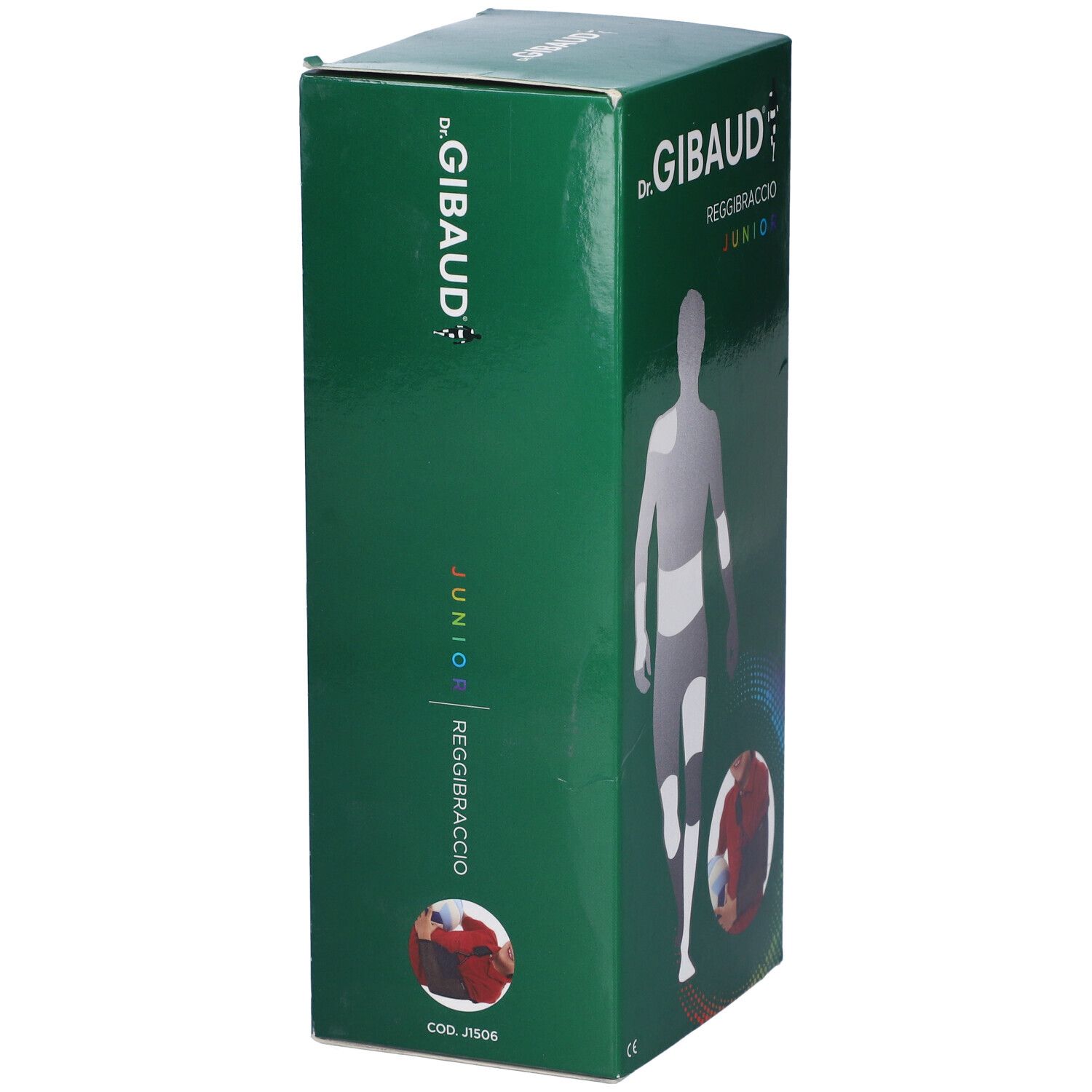 Confezione verde Gibaud Reggibraccio Junior. Nome prodotto e logo. Immagine di corpo con bendaggi.