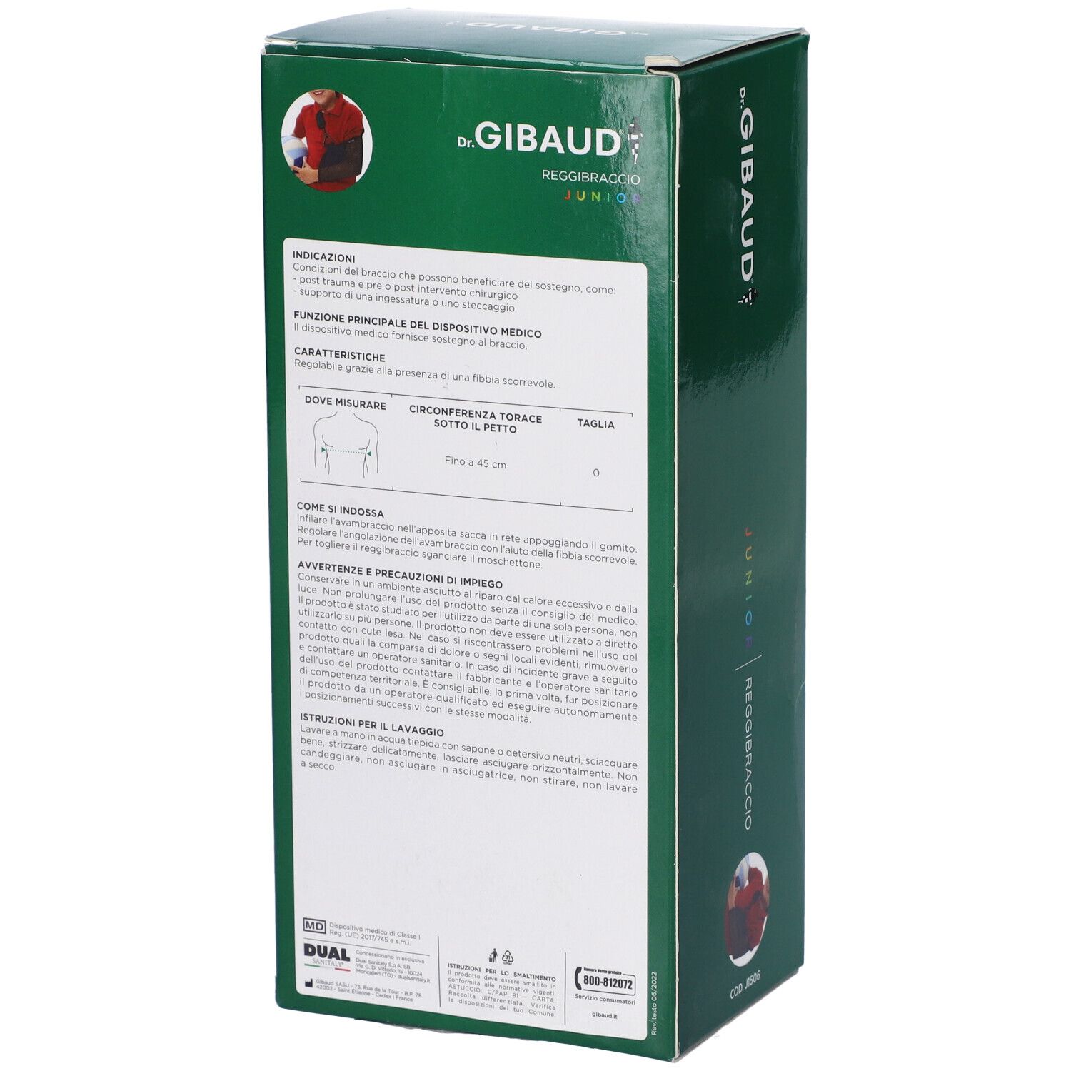 Retro confezione Gibaud Reggibraccio Junior. Informazioni testuali e immagine prodotto. Codice J1506.