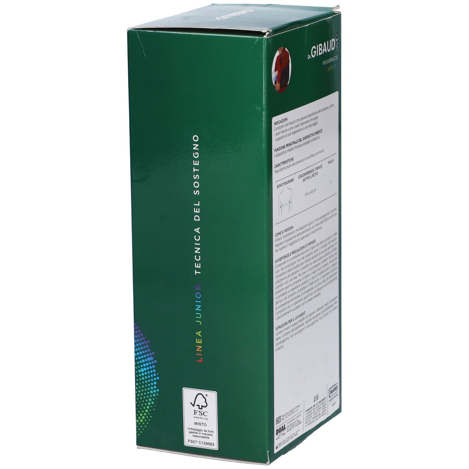 Lato confezione Gibaud Reggibraccio Junior. Informazioni testuali e logo FSC. Linea Junior.