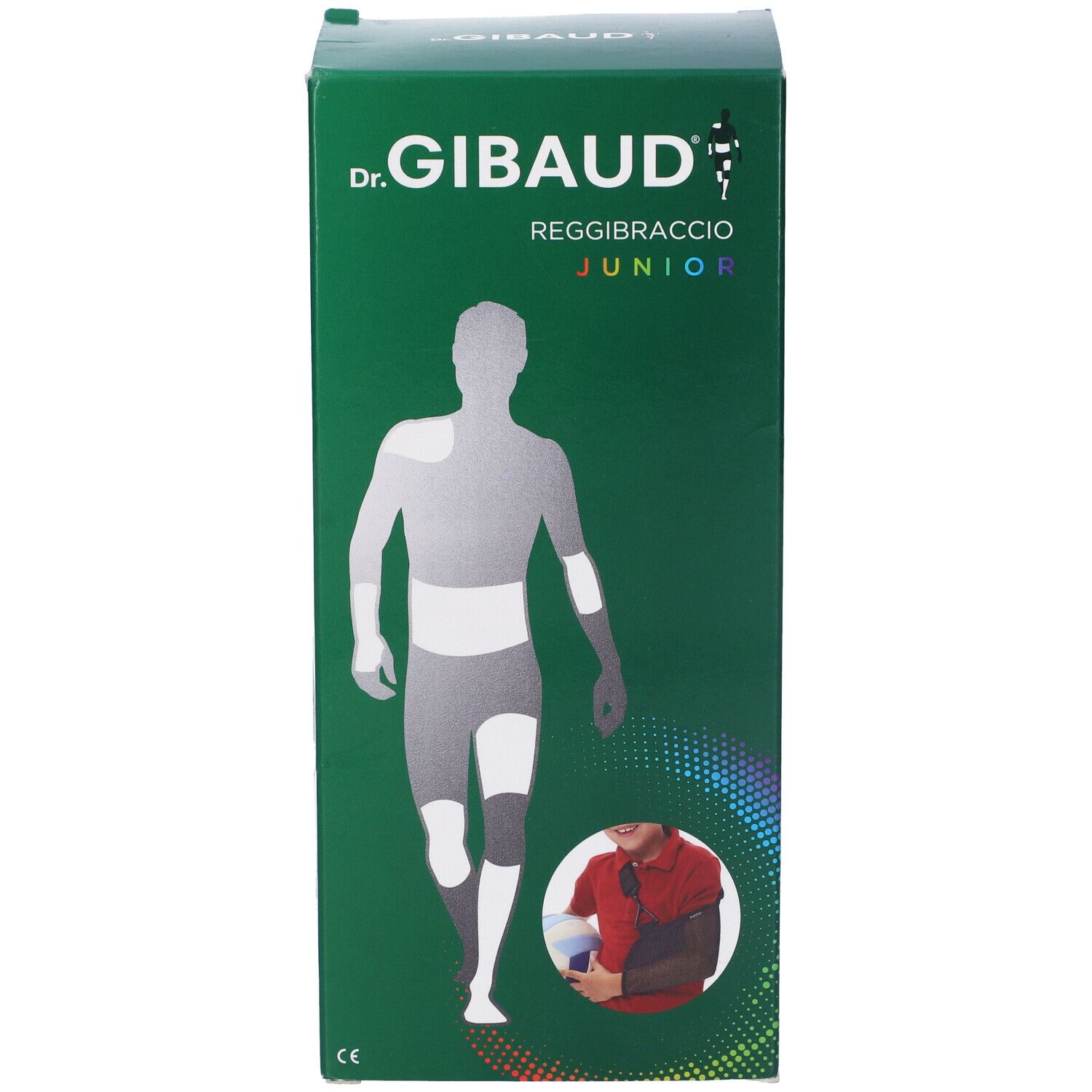Confezione verde Gibaud Reggibraccio Junior. Logo e nome prodotto. Immagine di corpo con bendaggi.