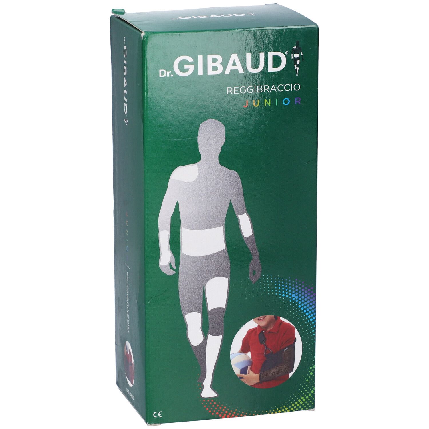 Confezione verde Gibaud Reggibraccio Junior. Logo e nome prodotto. Immagine di corpo con bendaggi.