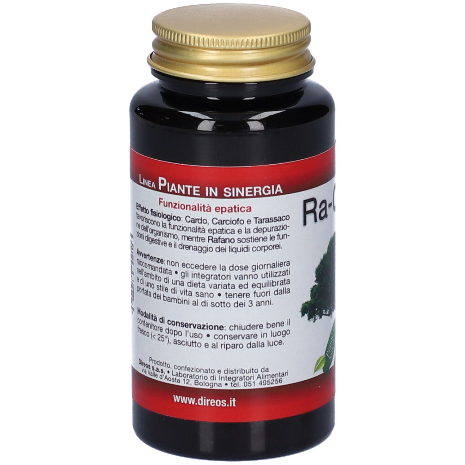 Flacone marrone con tappo dorato. Scritta Ra-Ca-Ca. Etichetta con testo. Nome del prodotto e produttore.