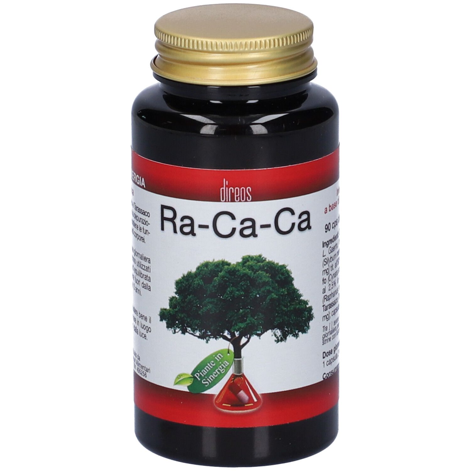 Flacone marrone con tappo dorato. Scritta Ra-Ca-Ca. Etichetta con grafica albero e testo. 90 capsule.
