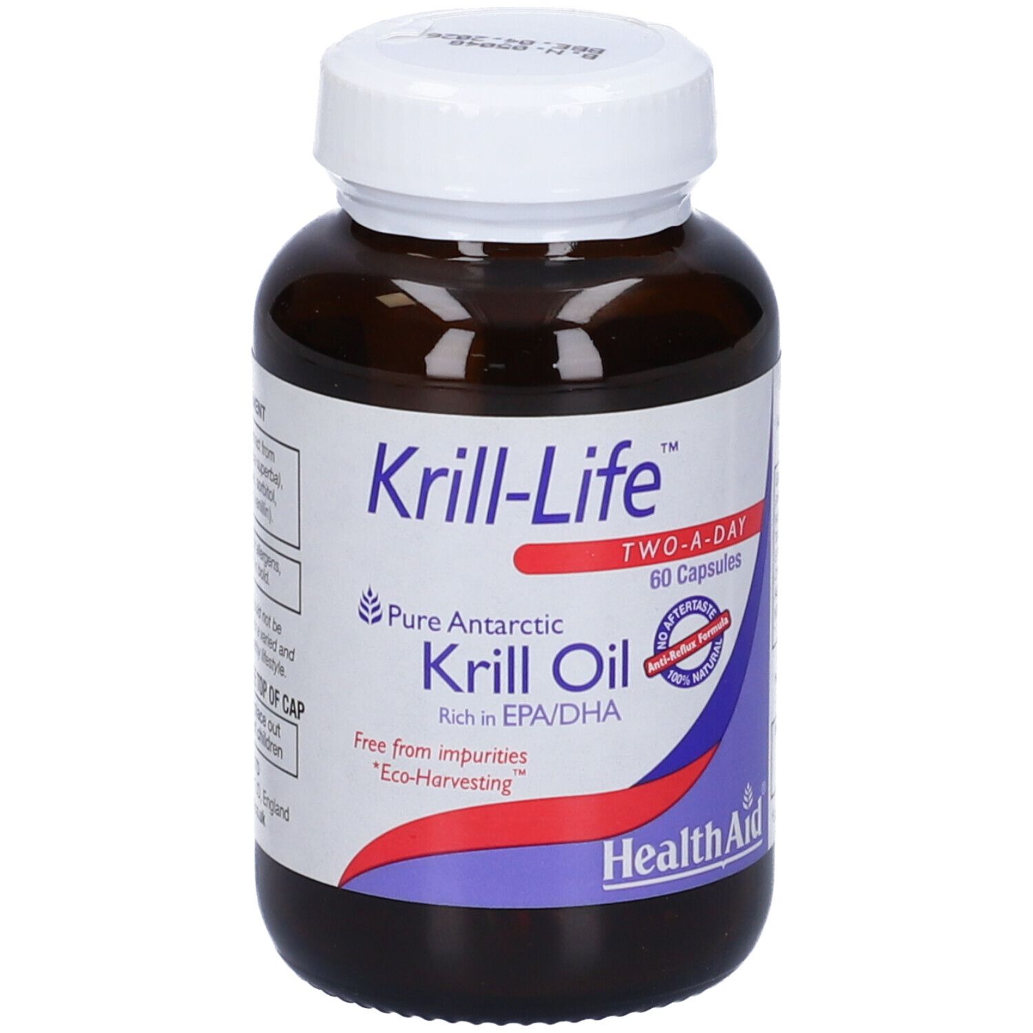 Flacone marrone di capsule Krill-Life. 60 capsule. Marchio HealthAid.