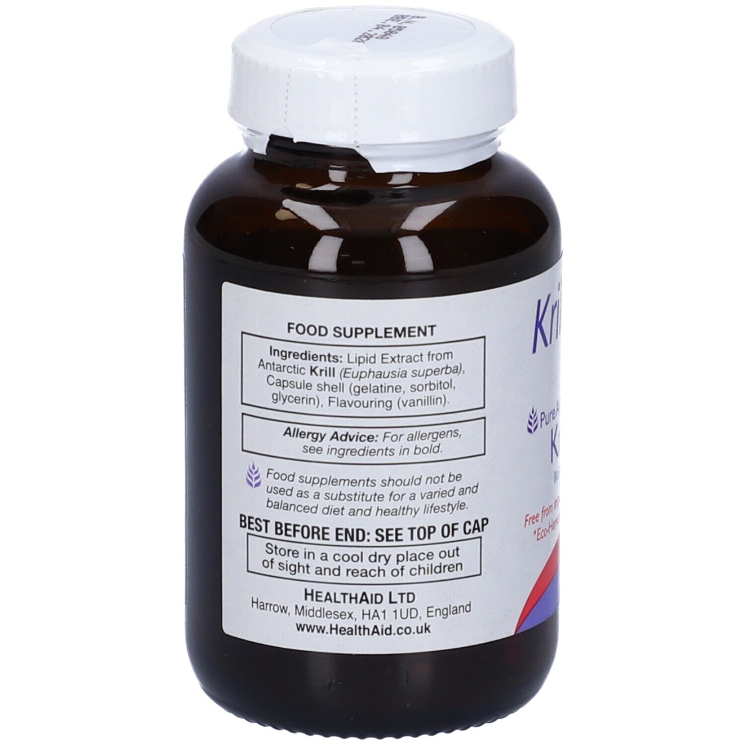 Retro del flacone marrone di capsule Krill-Life. Elenco ingredienti.