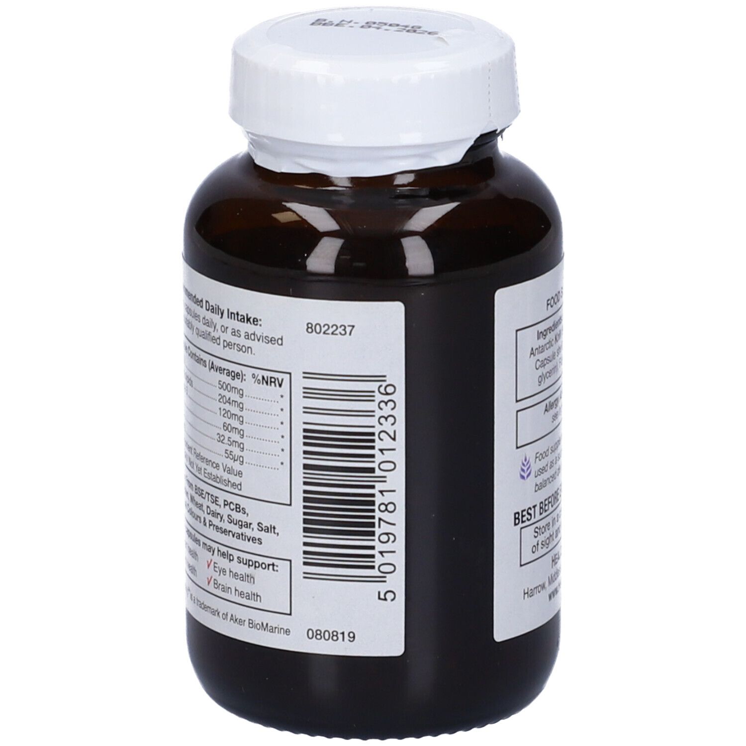 Retro del flacone marrone di capsule Krill-Life. Informazioni nutrizionali.