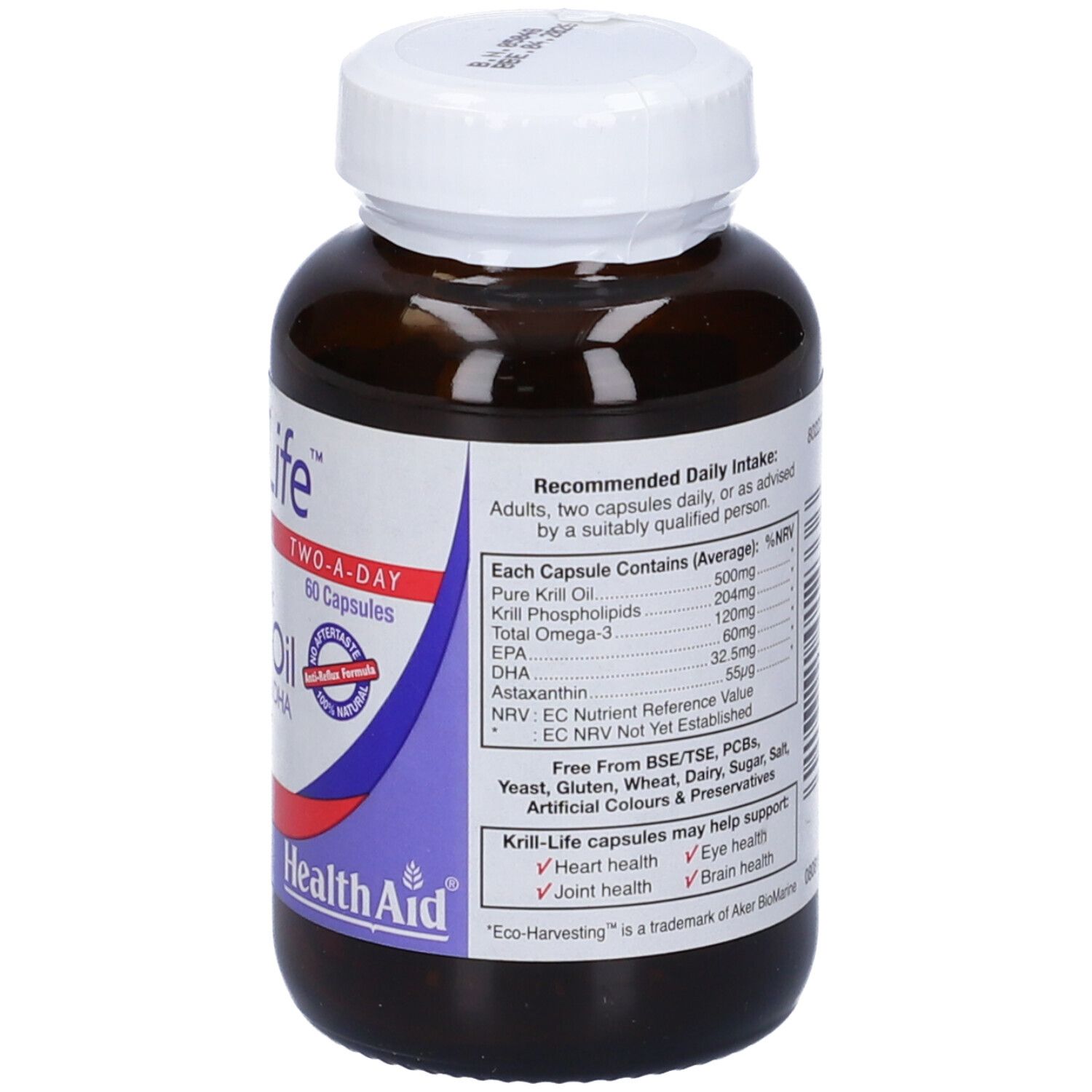 Retro del flacone marrone di capsule Krill-Life. Informazioni nutrizionali.