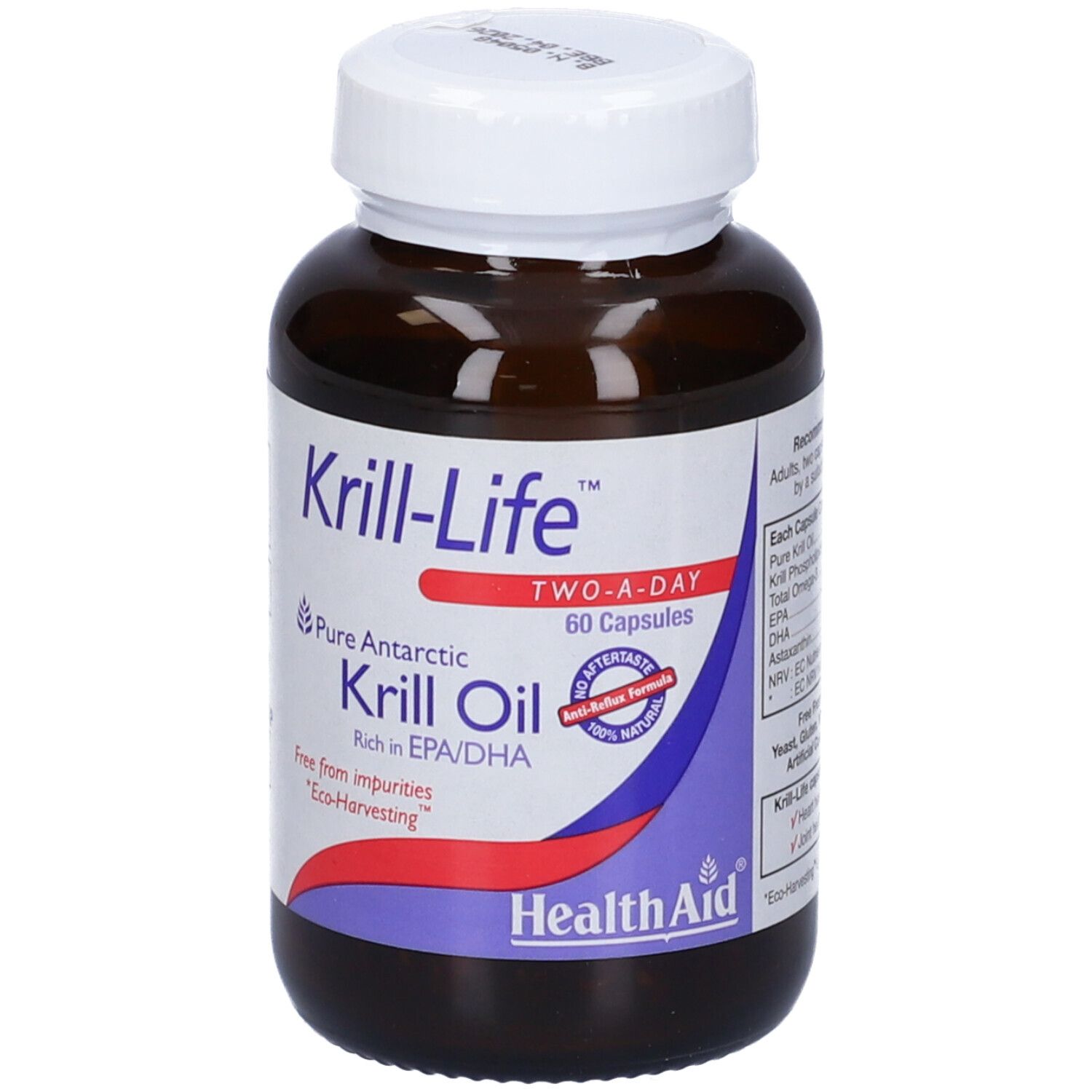 Flacone marrone di capsule Krill-Life. 60 capsule. Marchio HealthAid.