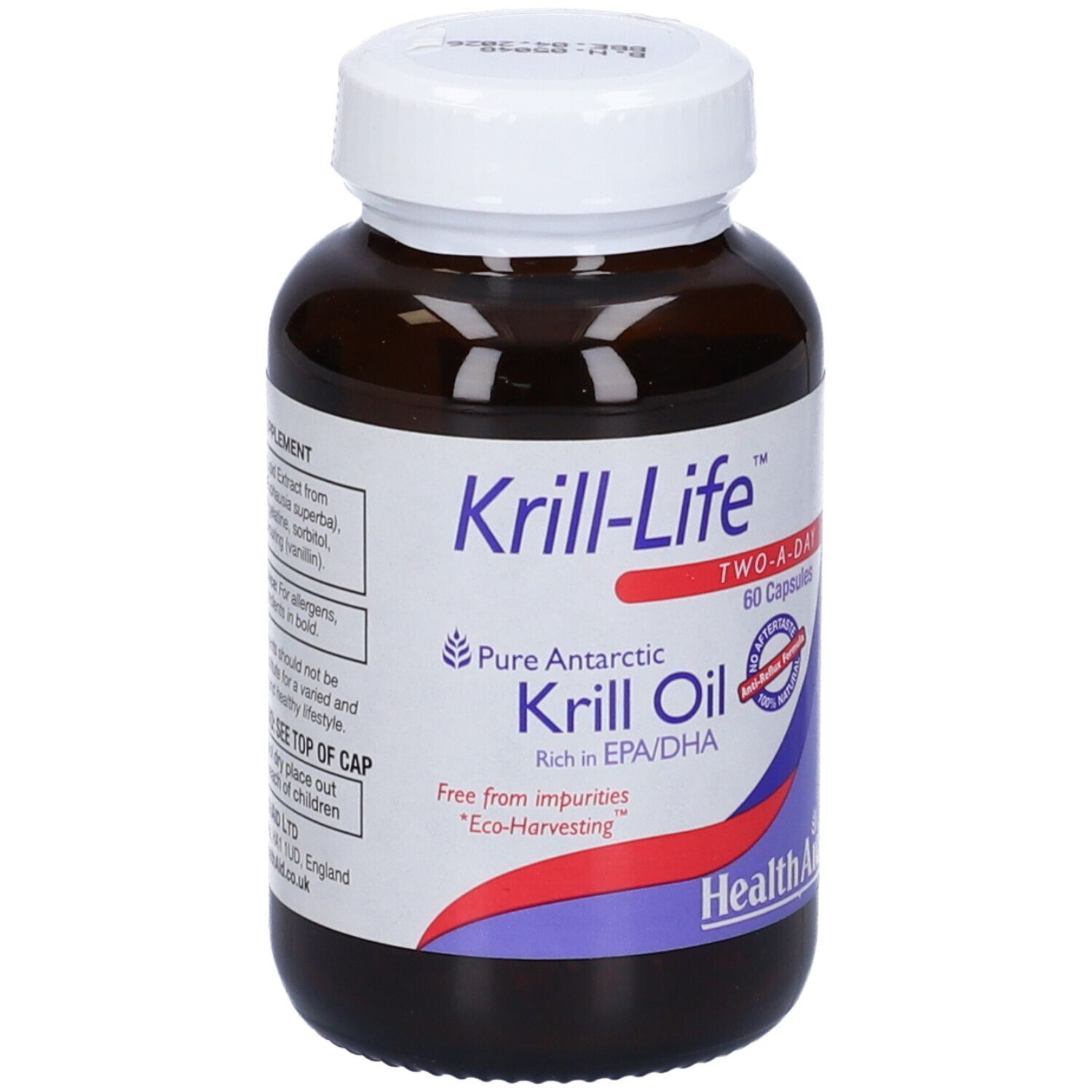 Flacone marrone di capsule Krill-Life. 60 capsule. Marchio HealthAid.
