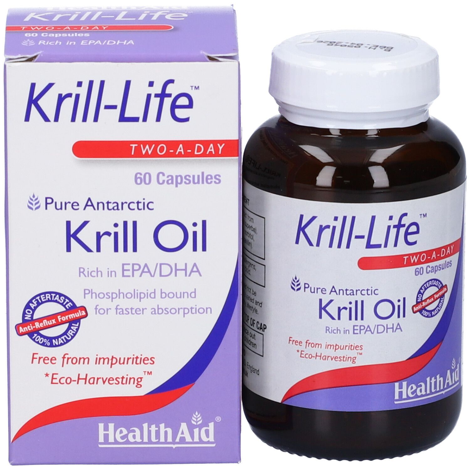 Capsule Krill-Life, flacone e scatola. 60 capsule. Marchio HealthAid.