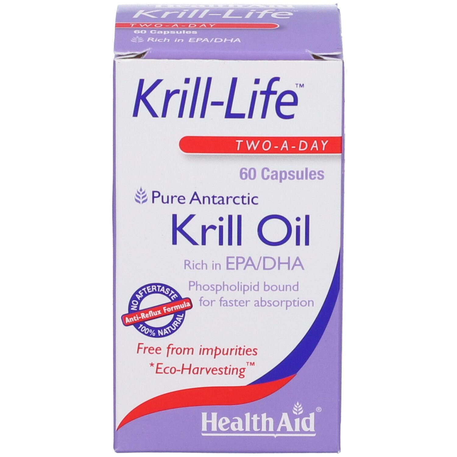 Scatola di capsule Krill-Life. Contiene 60 capsule. Marchio HealthAid.