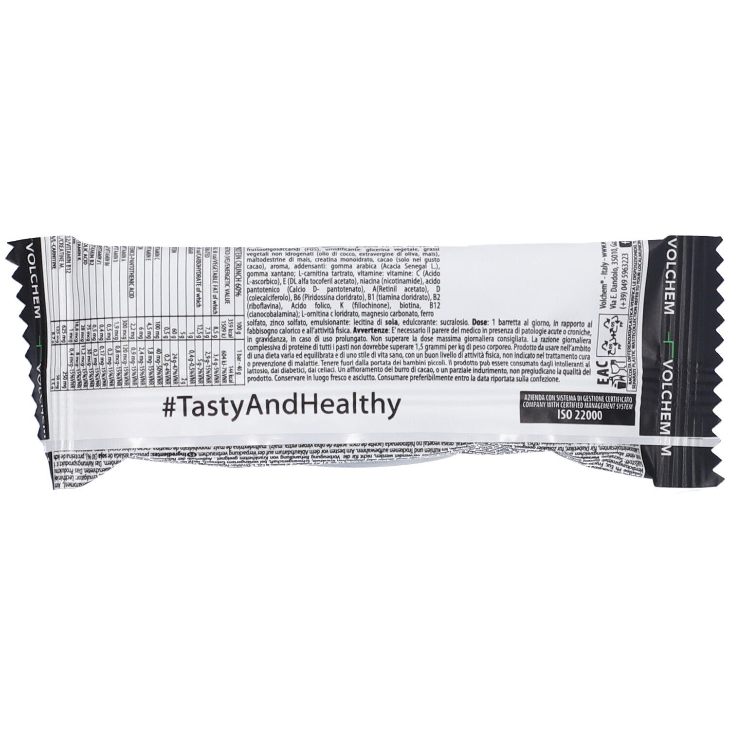 Retro della confezione della barretta proteica. Contiene informazioni nutrizionali e certificazioni. Testo: #TastyAndhealthy.