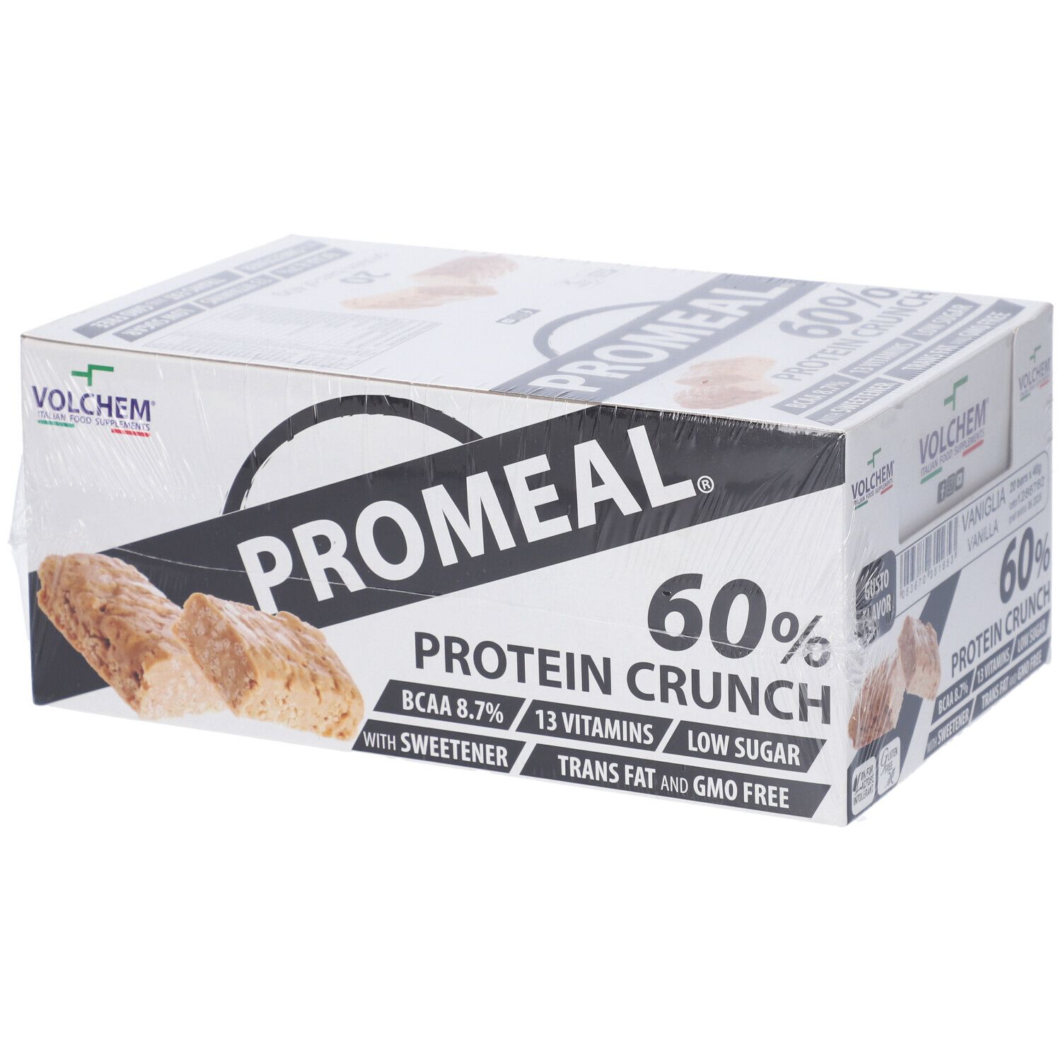 Confezione di barrette proteiche Promeal 60% Protein Crunch. Marchio Volchem.