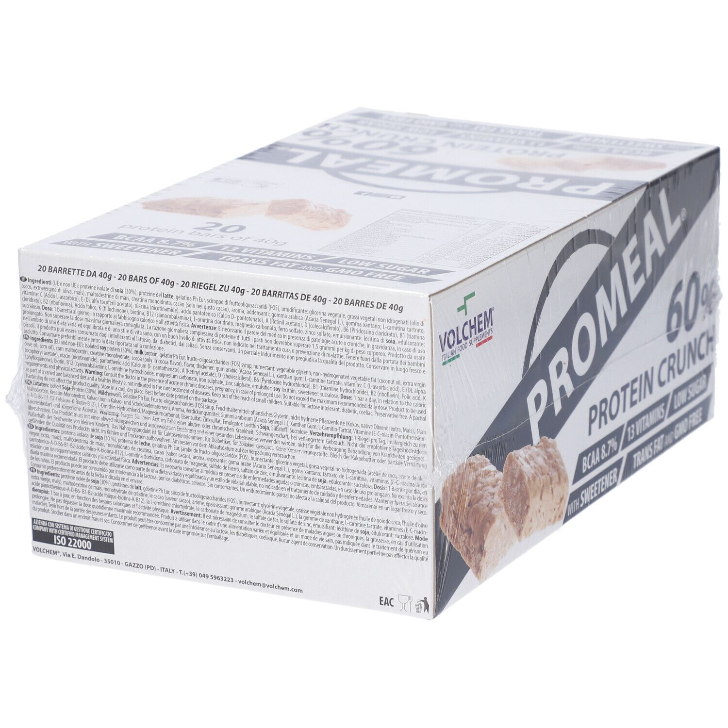 Confezione di barrette proteiche Promeal 60% Protein Crunch. Marchio Volchem. Testo multilingue.