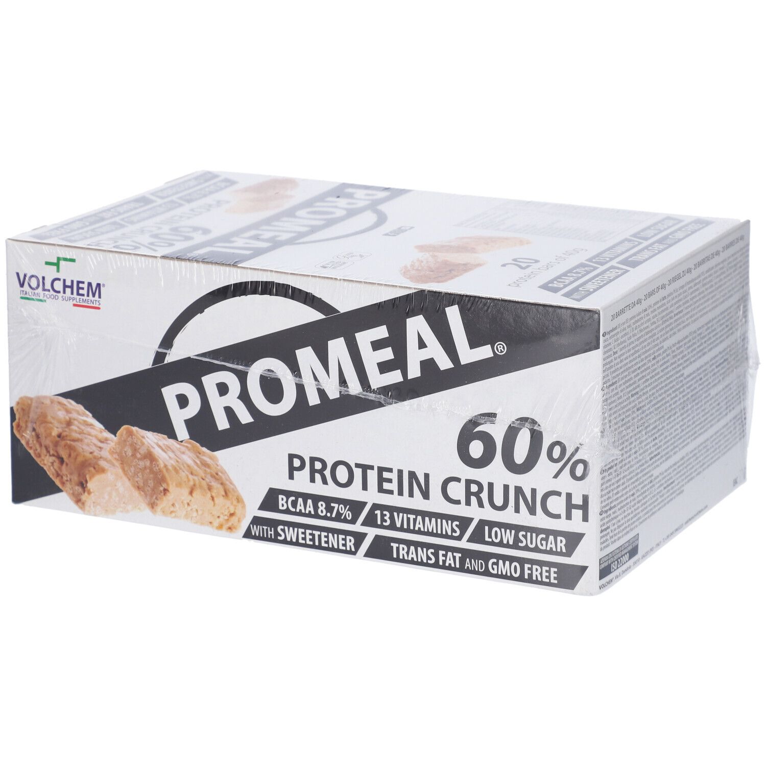 Confezione di barrette proteiche Promeal 60% Protein Crunch. Marchio Volchem.