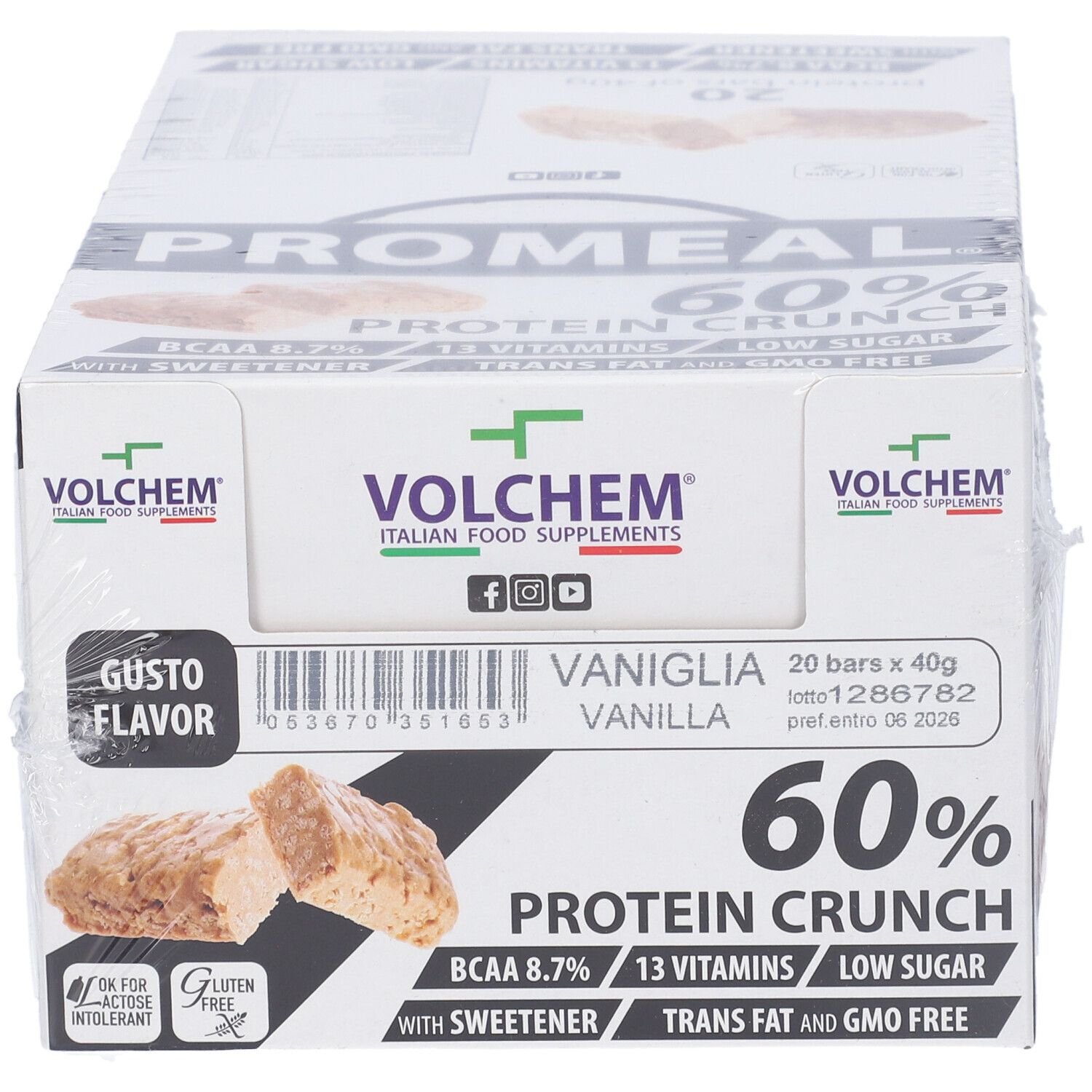 Confezione di barrette proteiche Promeal 60% Protein Crunch gusto vaniglia. Contiene 20 barrette. Marchio Volchem.