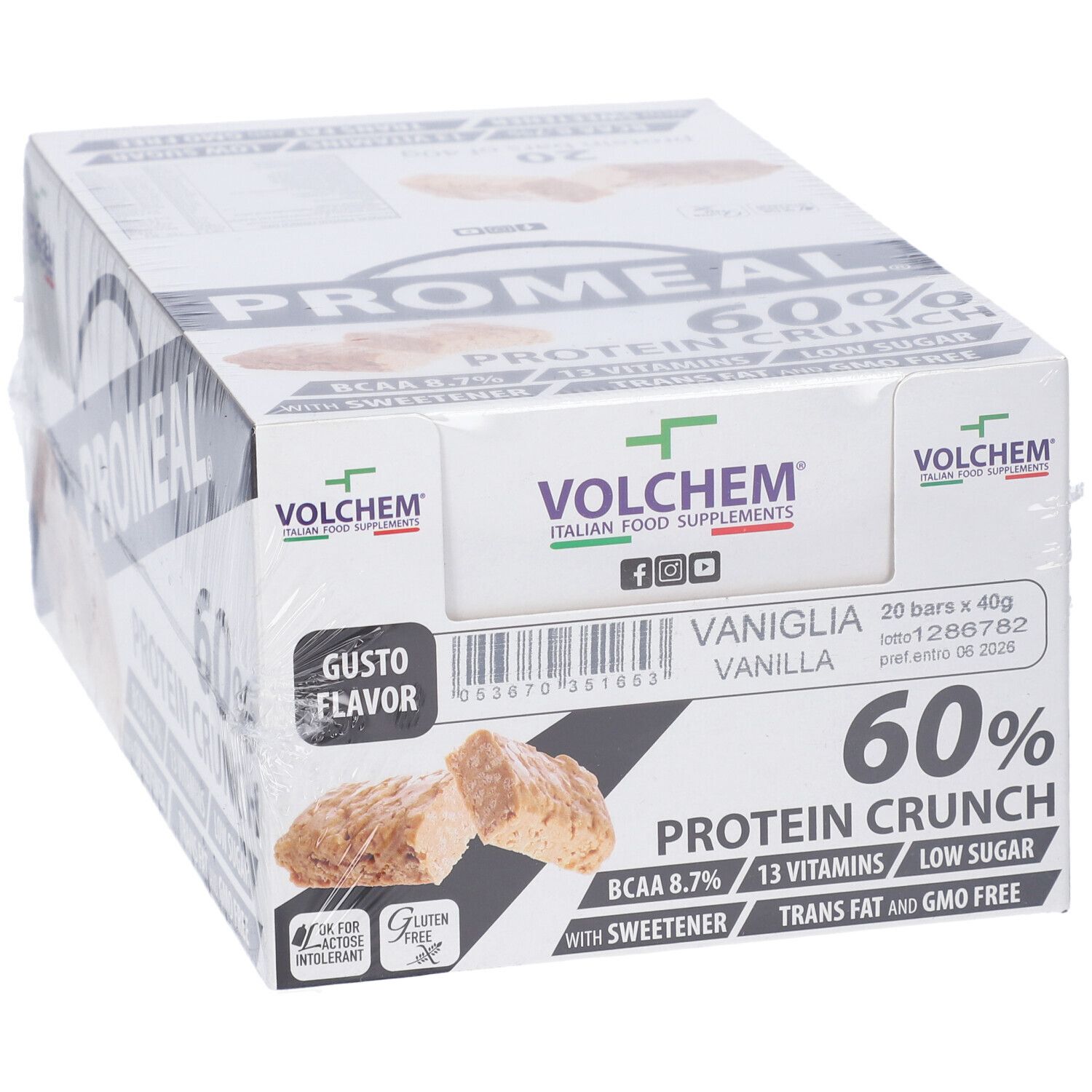 Confezione di barrette proteiche Promeal 60% Protein Crunch gusto vaniglia. Contiene 20 barrette. Marchio Volchem.