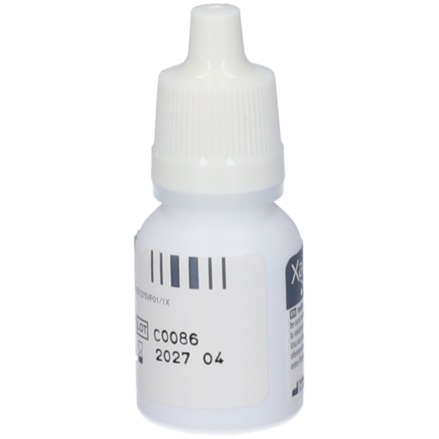 Flacone bianco di collirio con tappo bianco. Codice a barre e numero di lotto. Testo in più lingue.