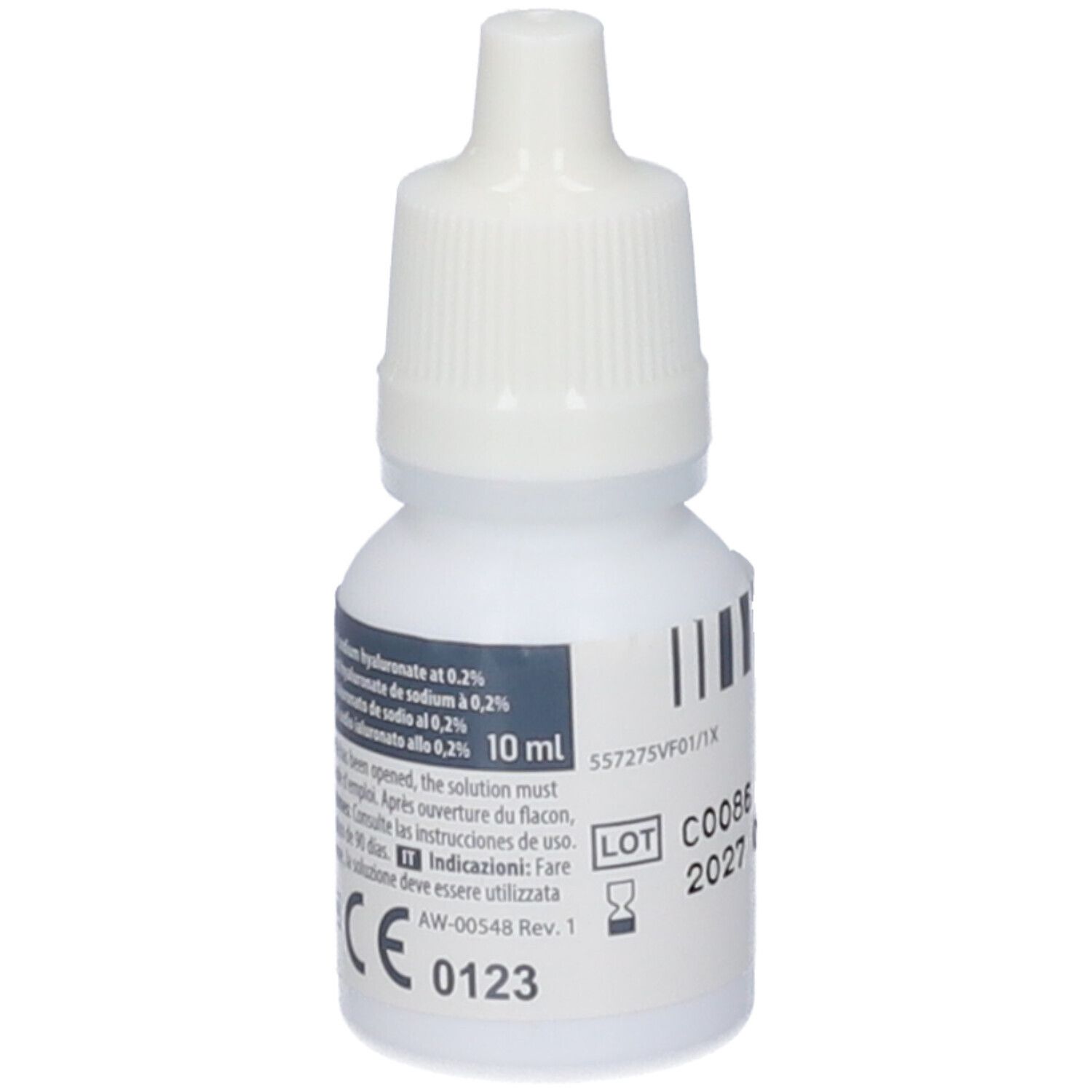 Flacone bianco di collirio con tappo bianco. 10 ml. Marchio CE. Testo in più lingue.