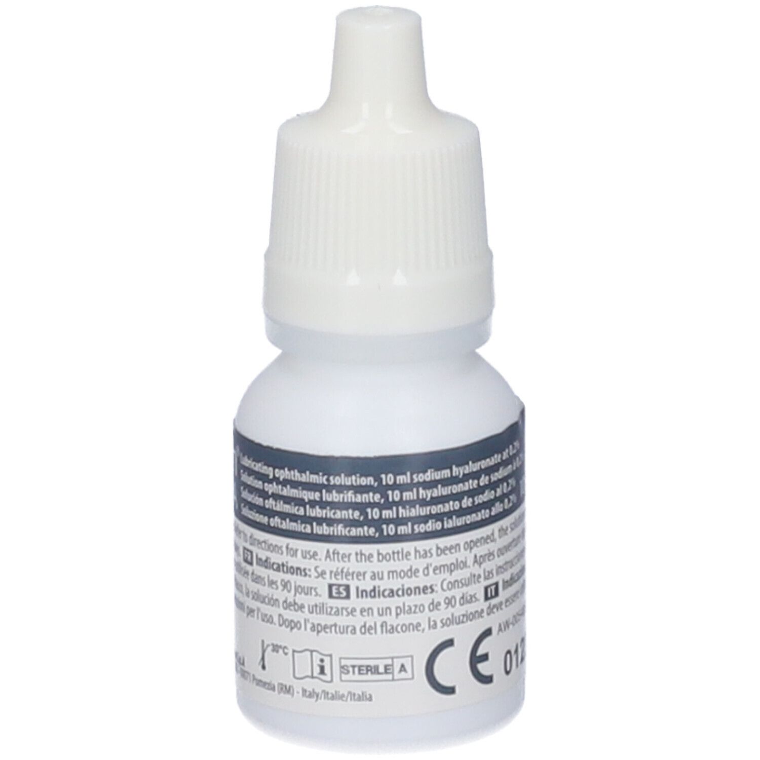 Flacone bianco di collirio con tappo bianco. Testo in più lingue. Marchio CE.