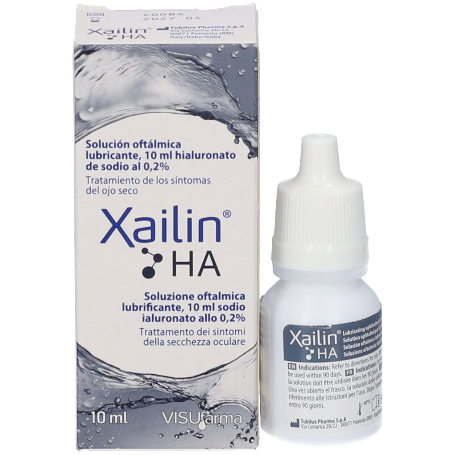 Confezione e flacone di collirio. Confezione con logo Xailin HA e testo. Flacone accanto.