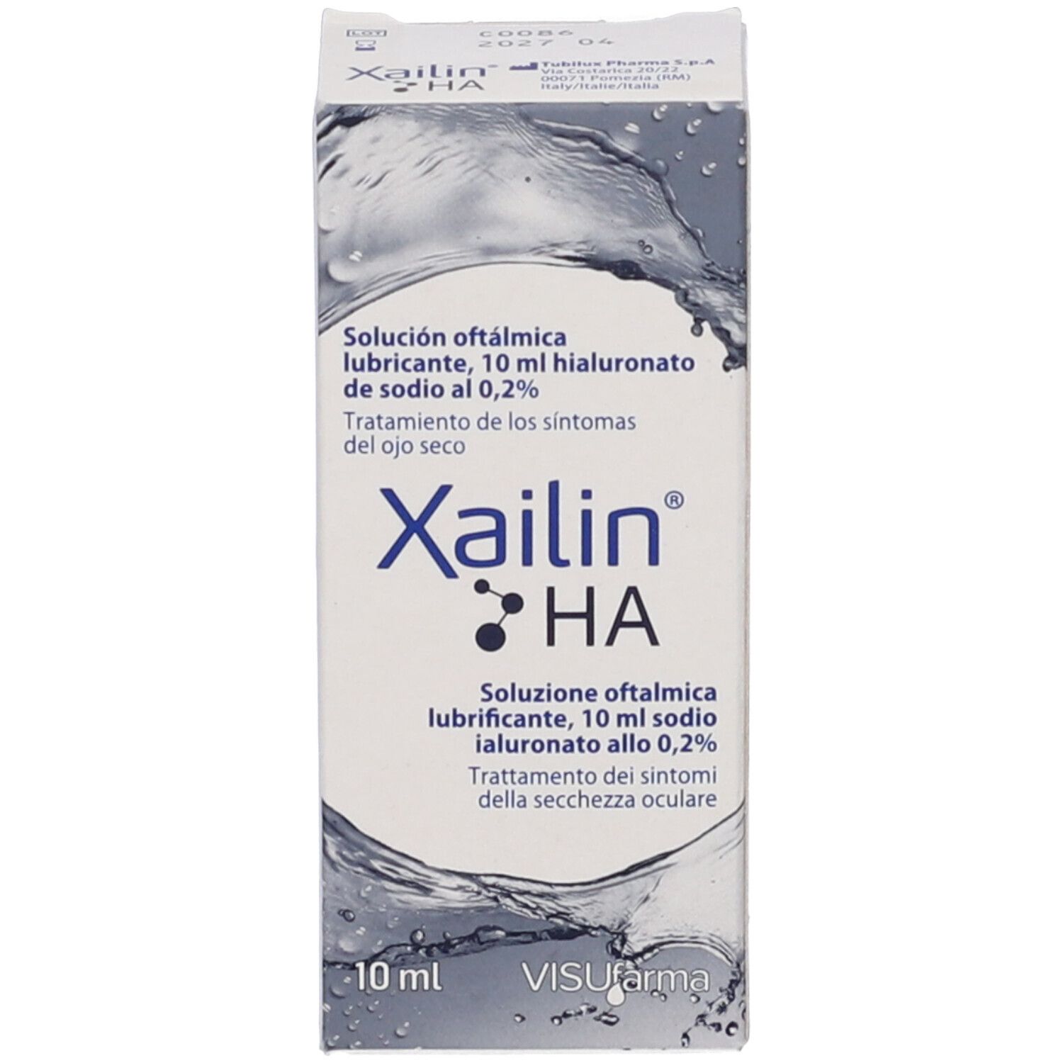 Confezione con logo Xailin HA e testo. Onde blu sullo sfondo. 10 ml.