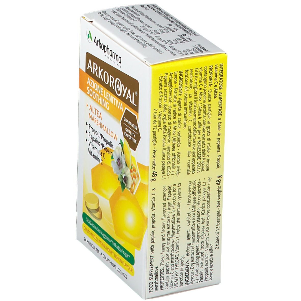 Confezione Arkopharma ARKOROYAL® Azione Lenitiva. Contiene informazioni su ingredienti e valori nutrizionali.