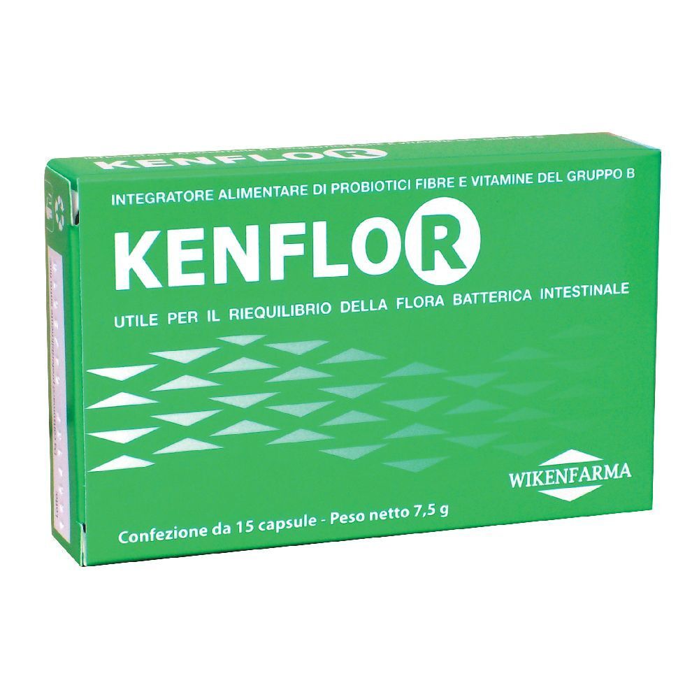 Scatola verde con logo KENFLOR. Testo: Integratore alimentare... utile per il riequilibrio della flora batterica intestinale. 15 capsule.