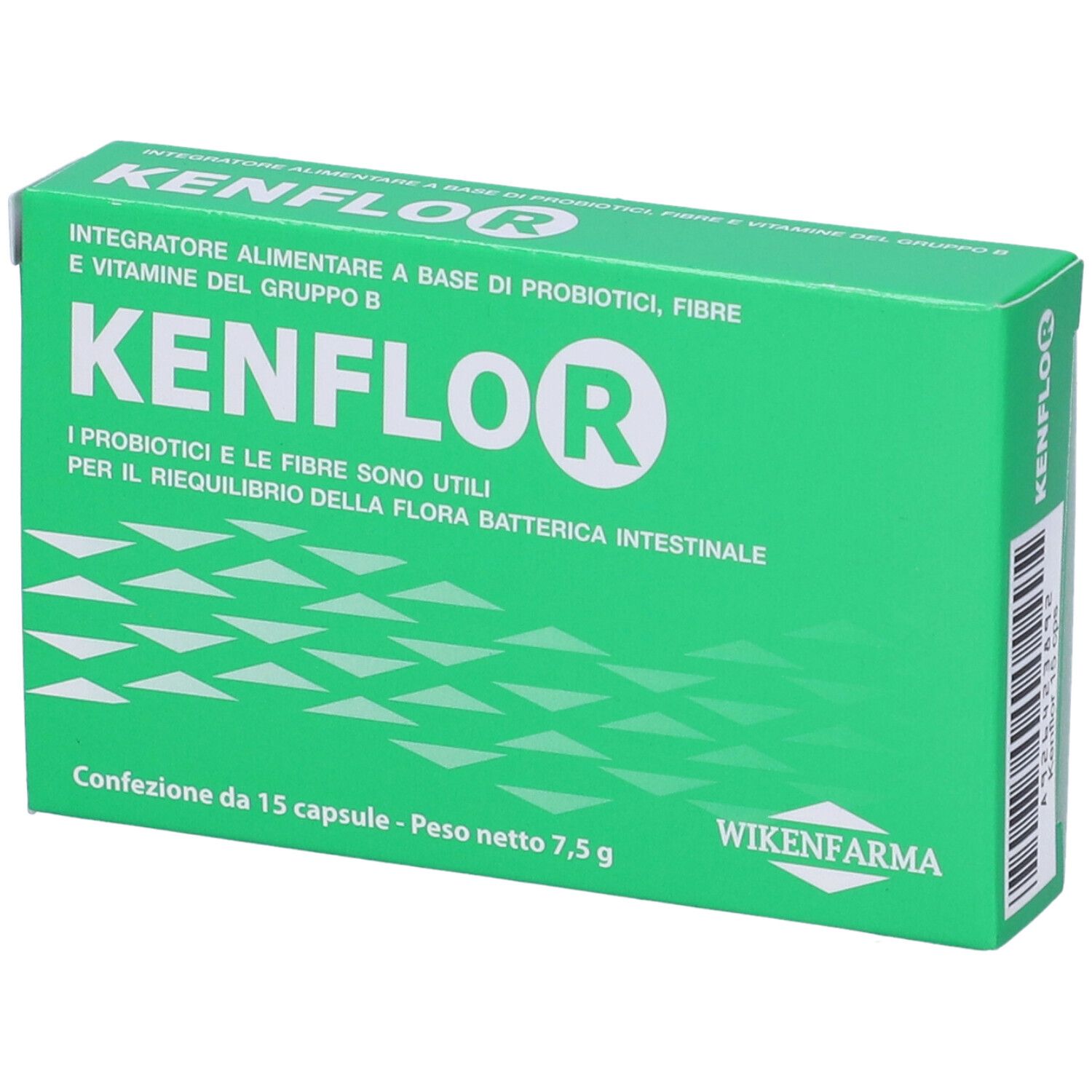 Scatola verde con logo KENFLOR. Testo: Integratore alimentare a base di probiotici, fibre... 15 capsule. Logo WIKENFARMA.